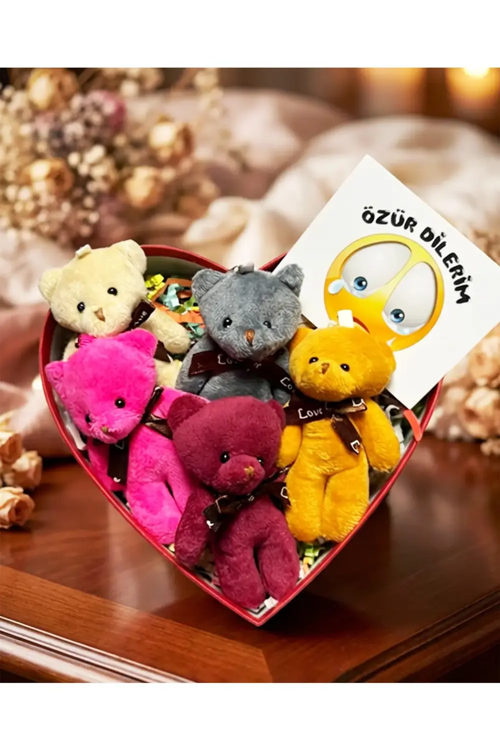 Özür Hediyesi Kalp Kutuda Rengarenk Ayıcıklar - Sevgiliye Özür -