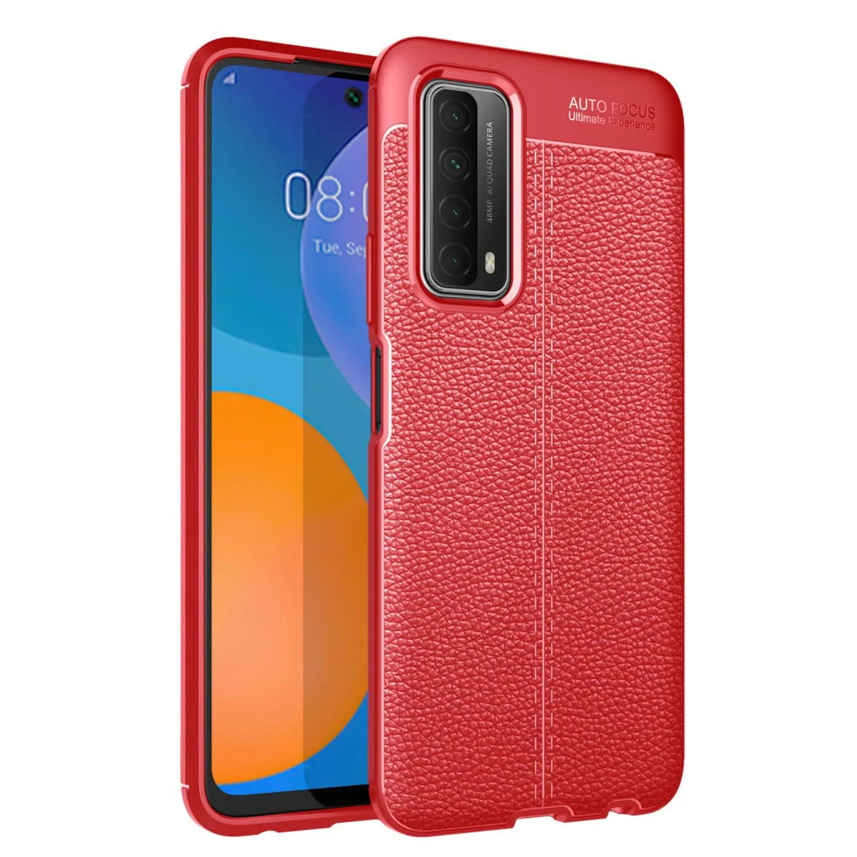 P Smart 2021 Auto Focus Kapak - Deri Dokulu TPU Kırmızı Kılıf