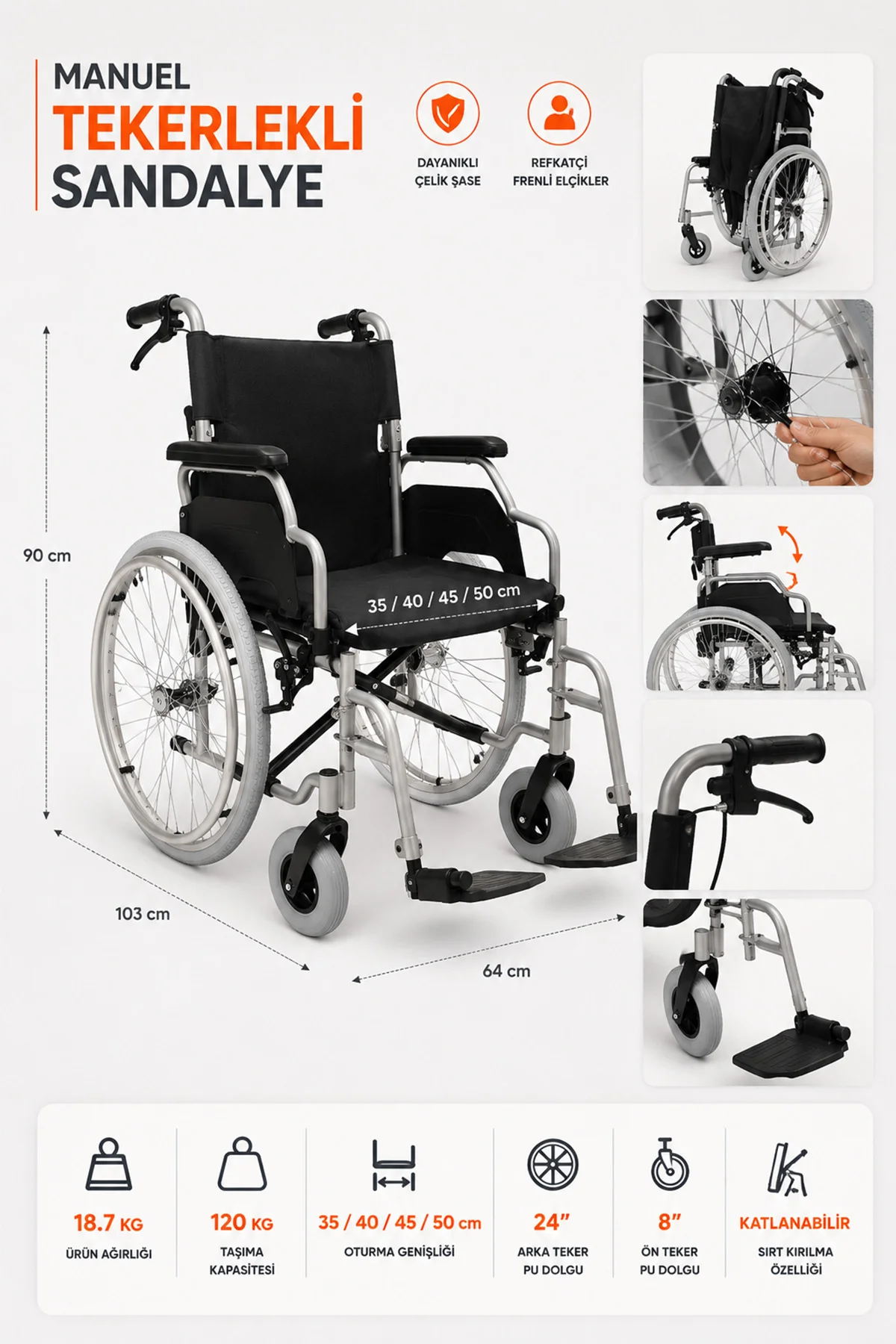 P120 Refakatçi Frenli Tekerlekli Sandalye | Katlanabilir Çelik Şase, 40 cm Oturma Genişliği P120 Refakatçi Frenli Tekerlekli Sandalye | Katlanabilir Çelik Şase, 40 cm Oturma Genişliği - Görsel 2