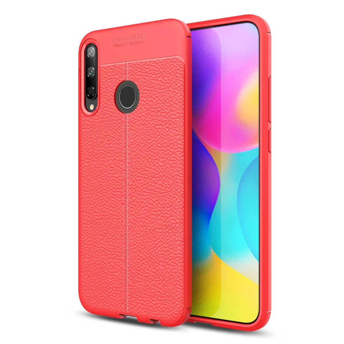 P40 Lite E Kılıf Auto Focus Kapak - Kırmızı TPU Deri Dokulu Silikon