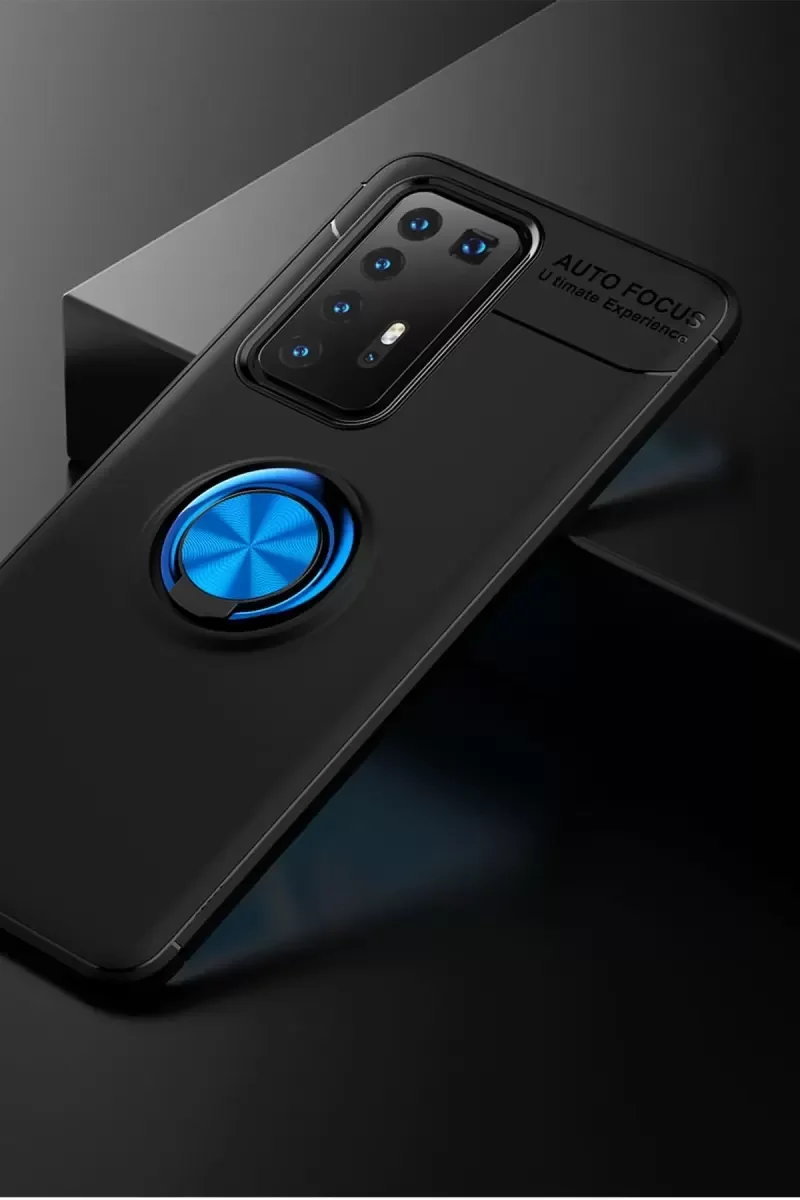 P40 Pro ile Uyumlu Range Yüzüklü Silikon Kılıf - Siyah/Mavi, 360° Dönen Manyetik Tutucu
