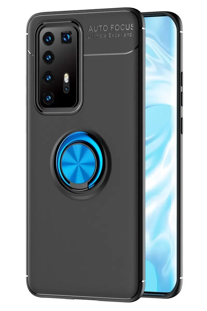 P40 Pro ile Uyumlu Range Yüzüklü Silikon Kılıf - Siyah/Mavi, 360° Dönen Manyetik Tutucu