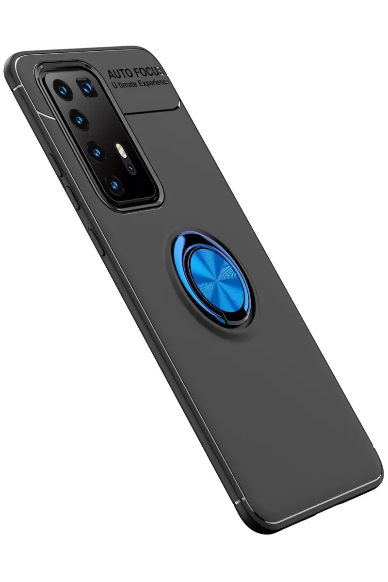 P40 Pro ile Uyumlu Range Yüzüklü Silikon Kılıf - Siyah/Mavi, 360° Dönen Manyetik Tutucu