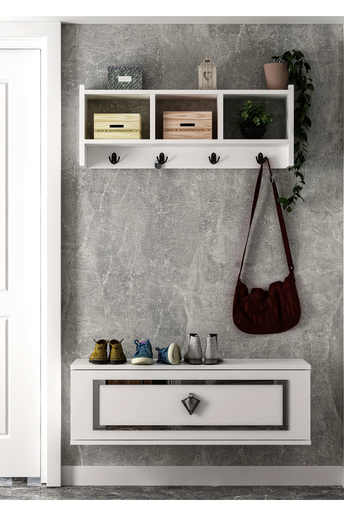 P4043CT-32 PORTMANTO,AYAKKABILIK,DRESUAR BEYAZ-GÜMÜŞ