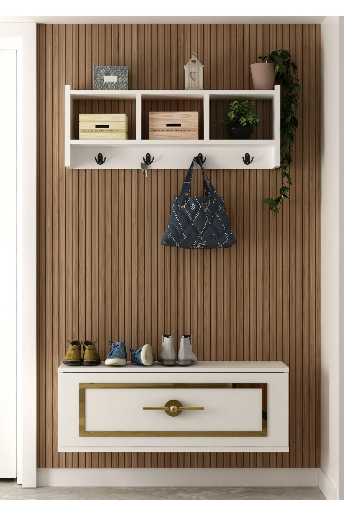 P4044CT-32 PORTMANTO,AYAKKABILIK,DRESUAR BEYAZ-ALTIN