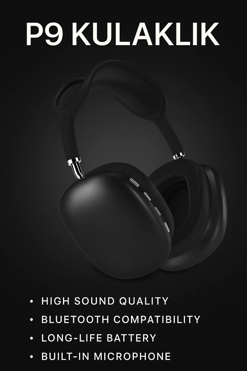 P9 Bluetooth 5.0 Kablosuz Siyah Kulaklık Mikrofonlu Uzun Pil Yüksek Bass ANC