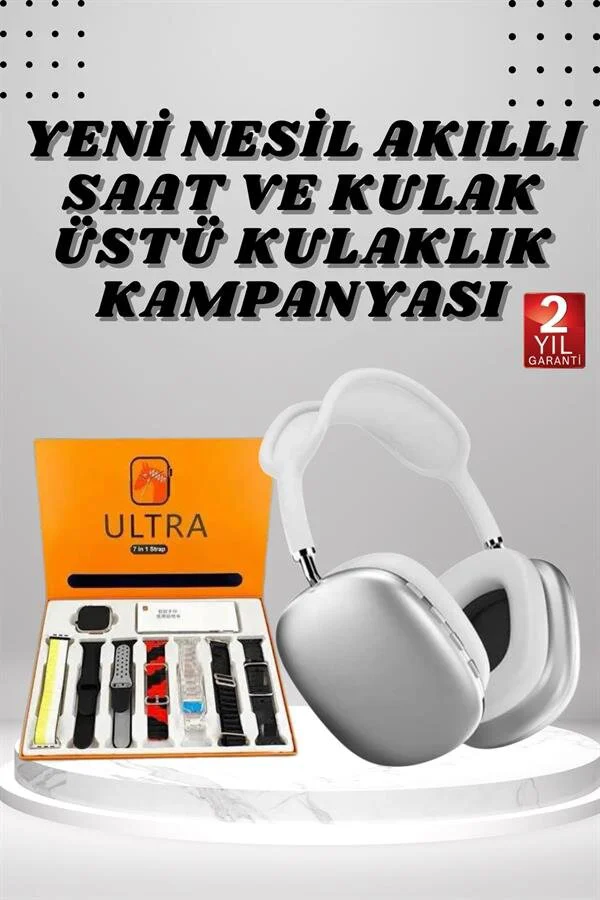 P9 Kablosuz Bluetooth Kulaklık ve 7 Kordonlu Akıllı Saat Seti - Spor ve Oyun İçin Ultra HD Ses ve Sağlık Takibi