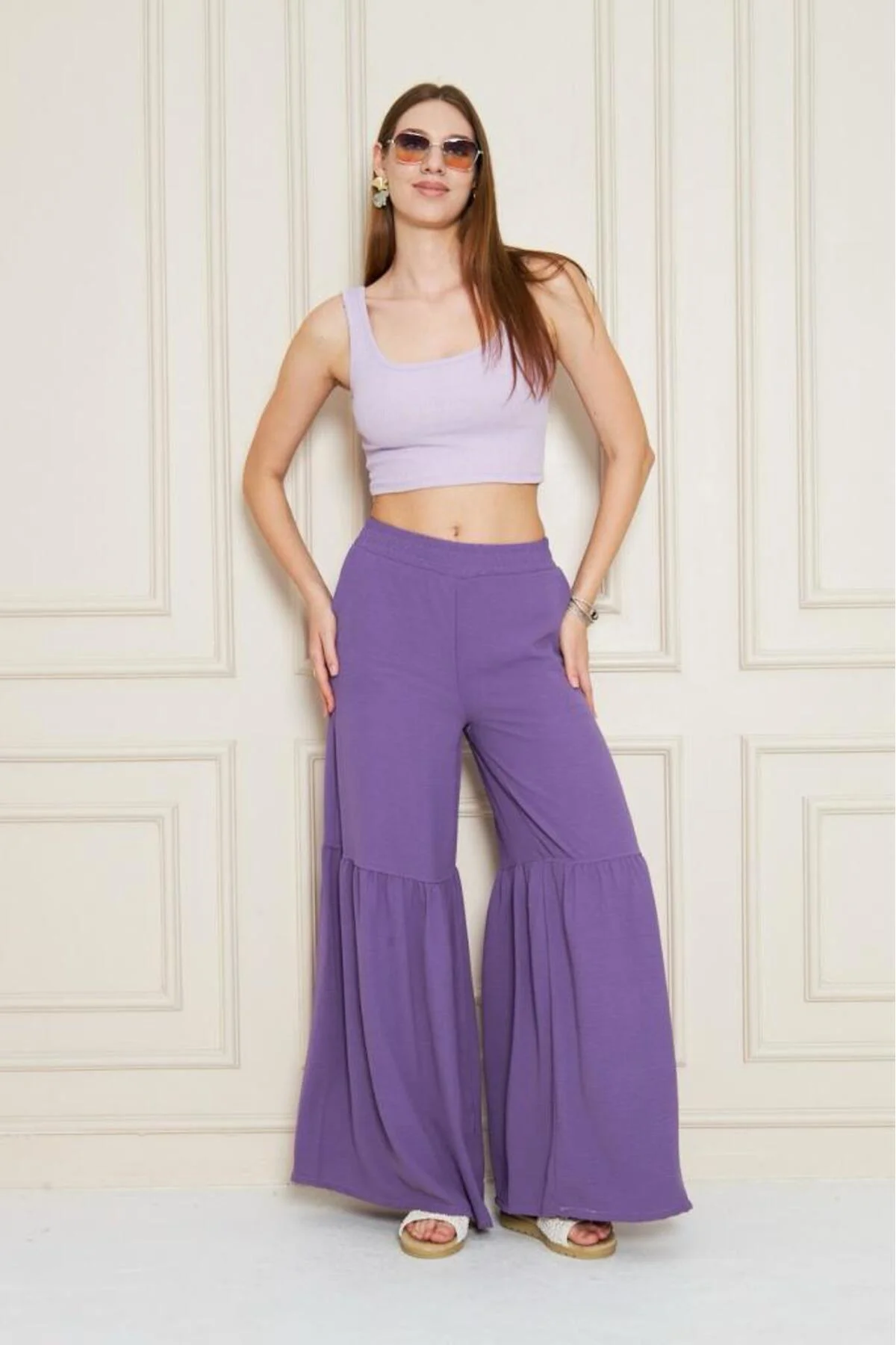 Paçası Büzgü Detaylı Aerobin Kumaş Kadın Pantolon - Beli Lastikli, Rahat Kesim 700-3763330