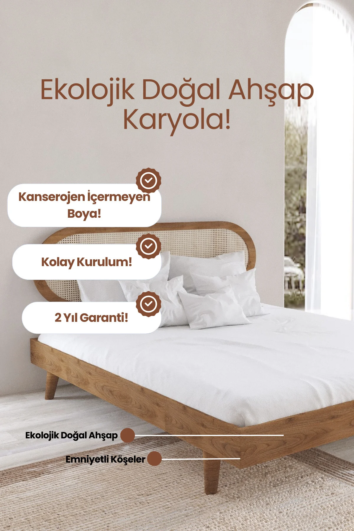Padova Model Hazeran Başlıklı Masif Ahşap Karyola Kolay Kurulum Fırınlanmış İthal Sibirya Çamı 150x200 Yatak Uyumlu