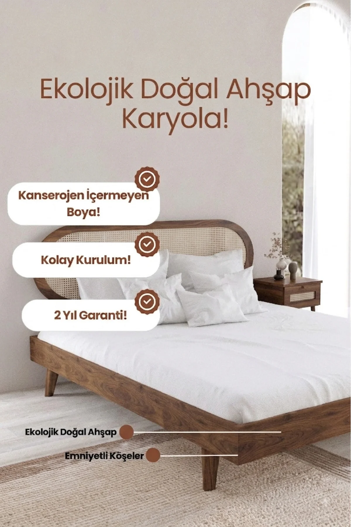 Padova Model Hazeran Başlıklı Masif Ahşap Karyola ve 2 Adet Komodin Kolay Kurulum Fırınlanmış İthal Sibirya Çamı 180x200 Yatak Uyumlu 2 Adet Komodin