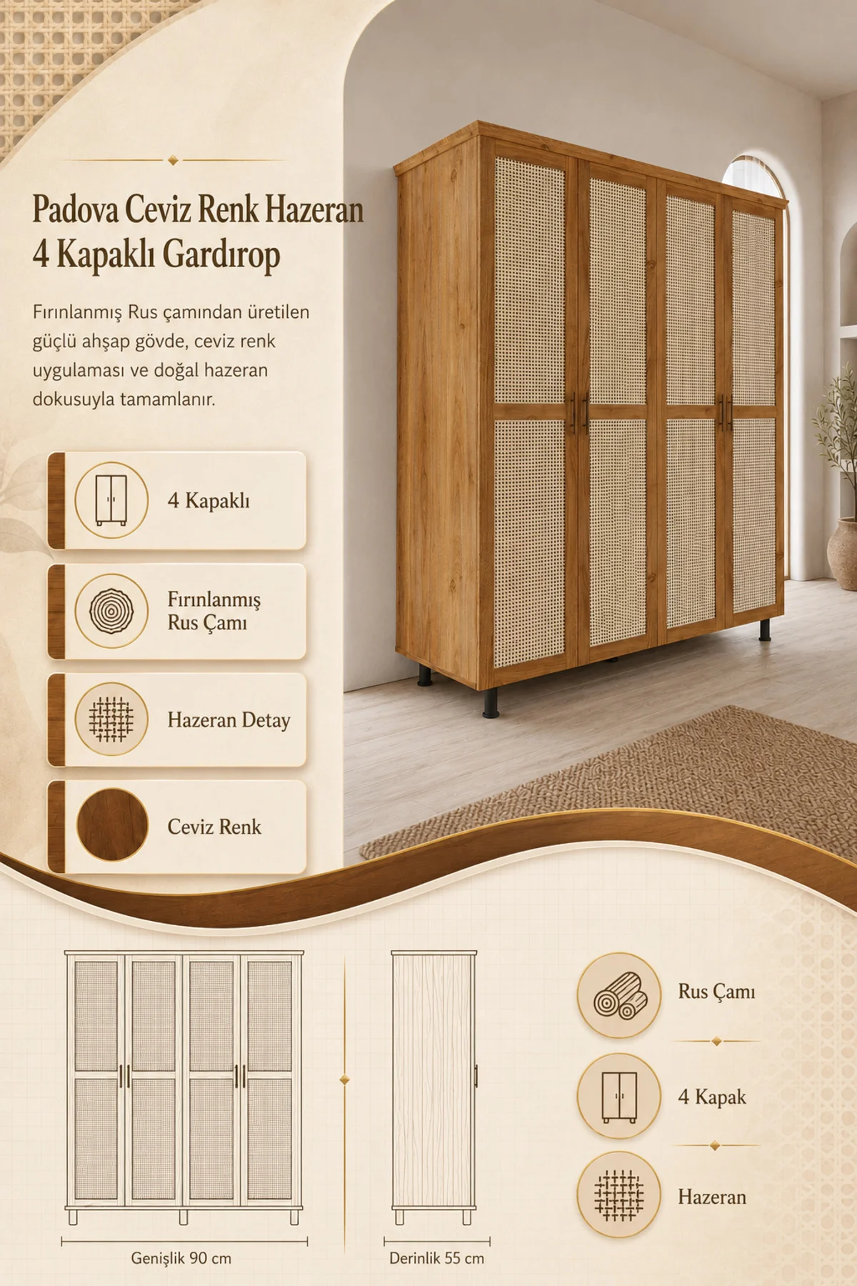 Padova Model Masif Ahşap İskandinav Gardırop - 4 Kapaklı Padova Model Masif Ahşap İskandinav Gardırop - 4 Kapaklı