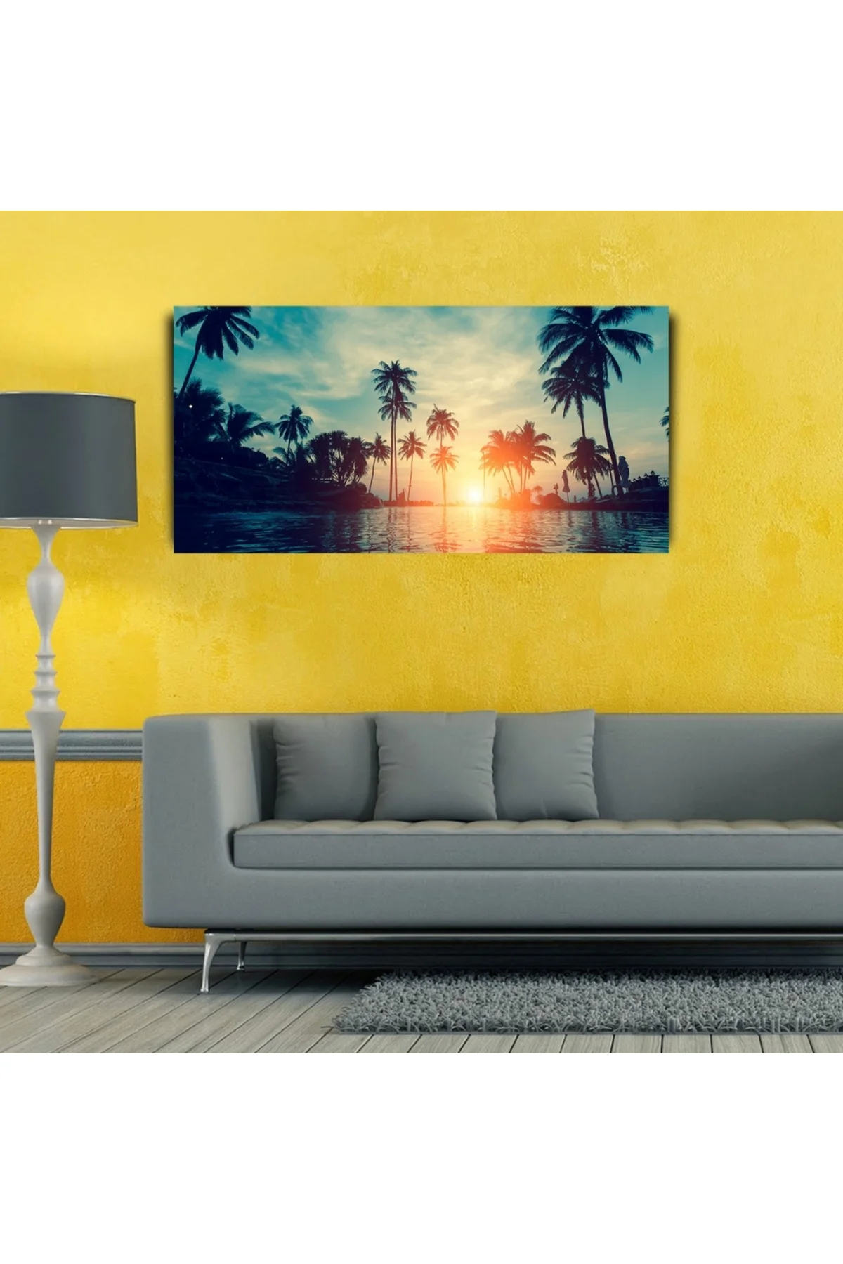 Palmiyeler ve Nehir Günbatımı Kanvas Tablo 60 x 120