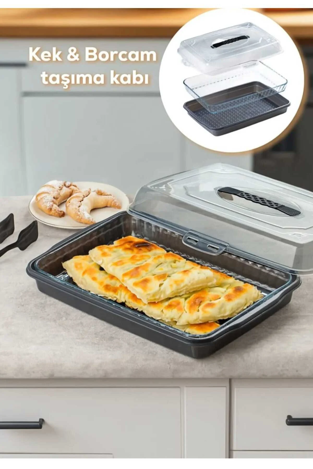 PALOVA, Kilitli Kapaklı Kek Börek Pasta Saklama, BORCAM TAŞIMA KABI - Kek Fanusu