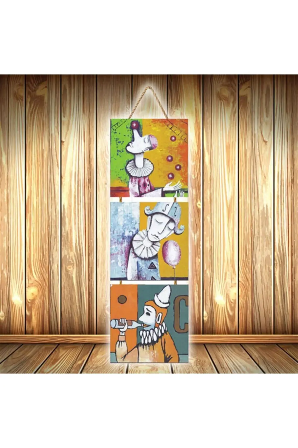 Palyaço Tasarımlı Üçlü Retro Ahşap Poster Ü539
