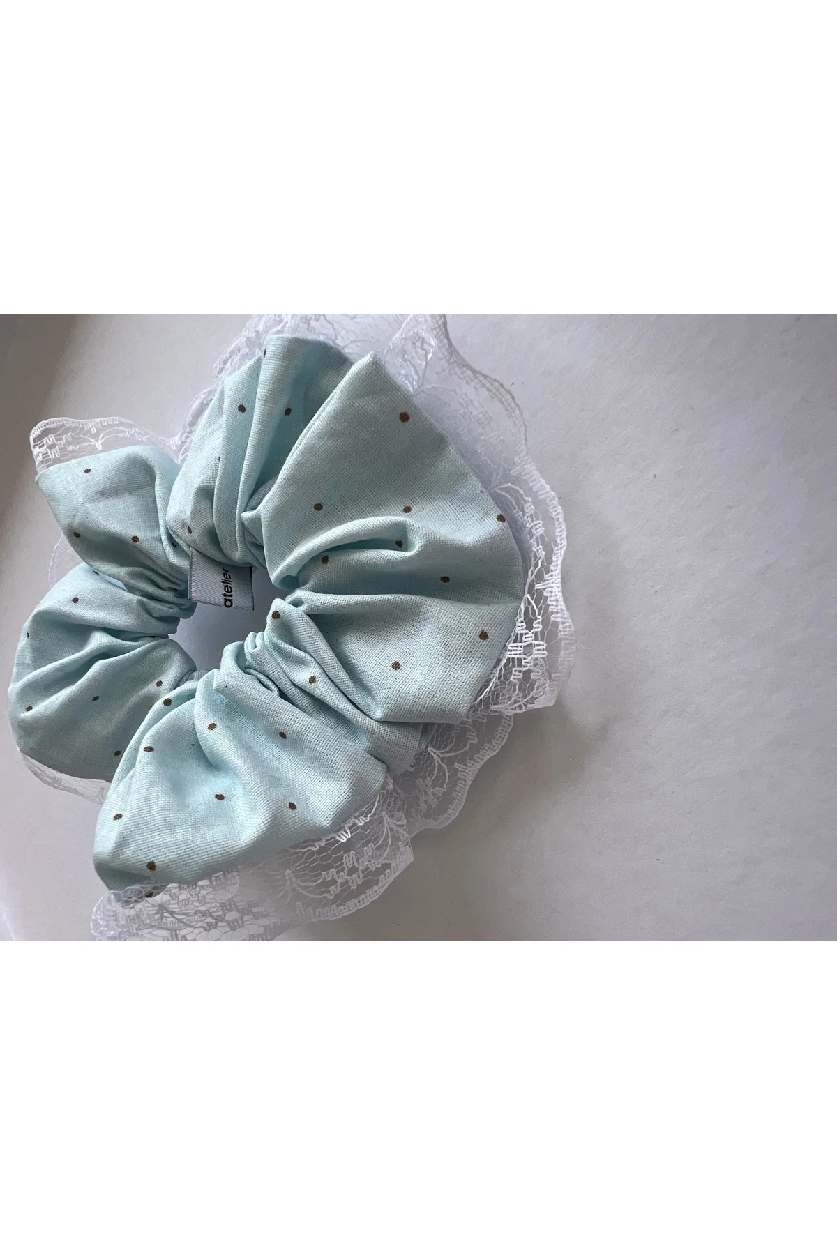 Pamuk Mavi Puantiyeli Beyaz Dantel Scrunchie Toka Lastik Simit Toka