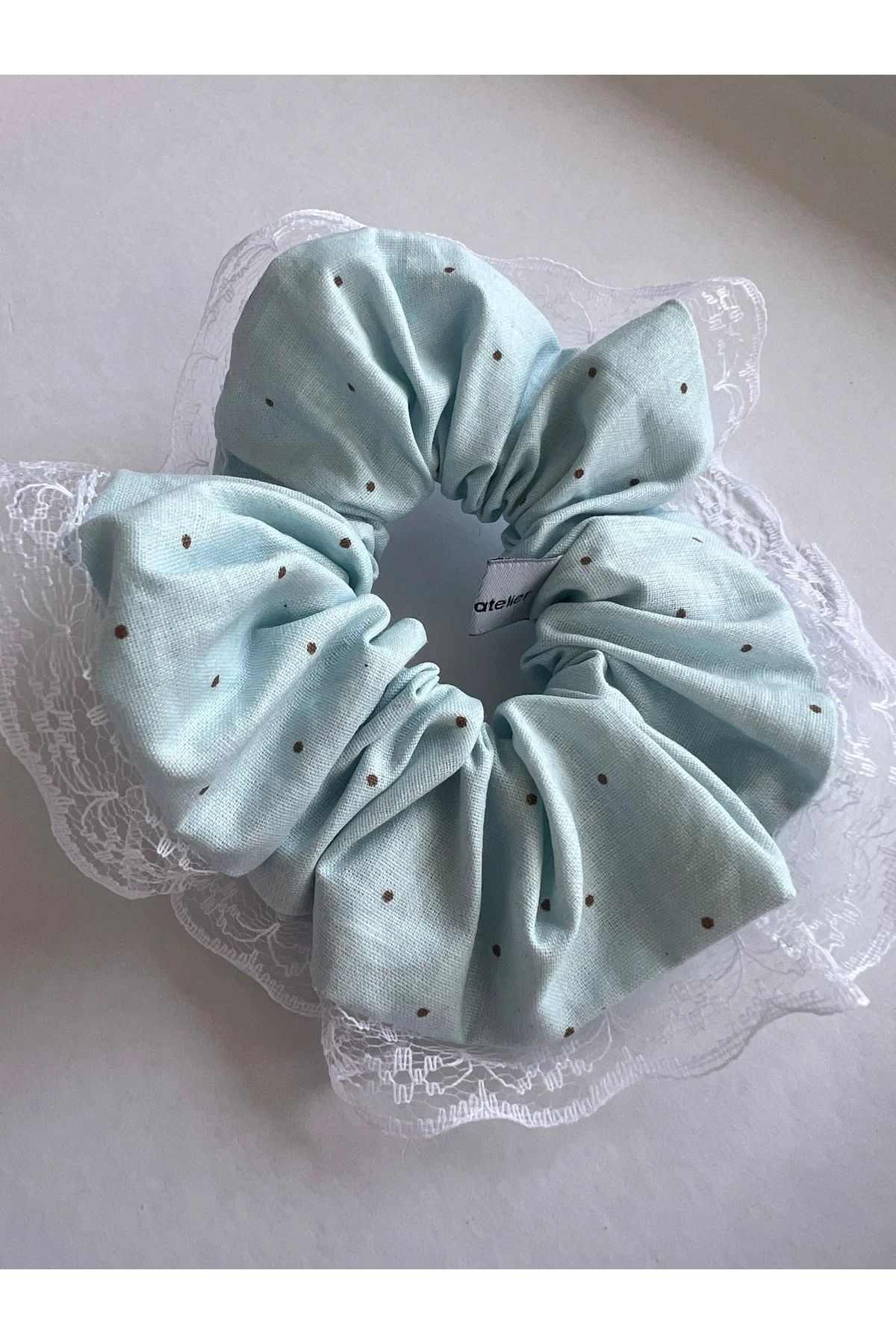 Pamuk Mavi Puantiyeli Beyaz Dantel Scrunchie Toka Lastik Simit Toka