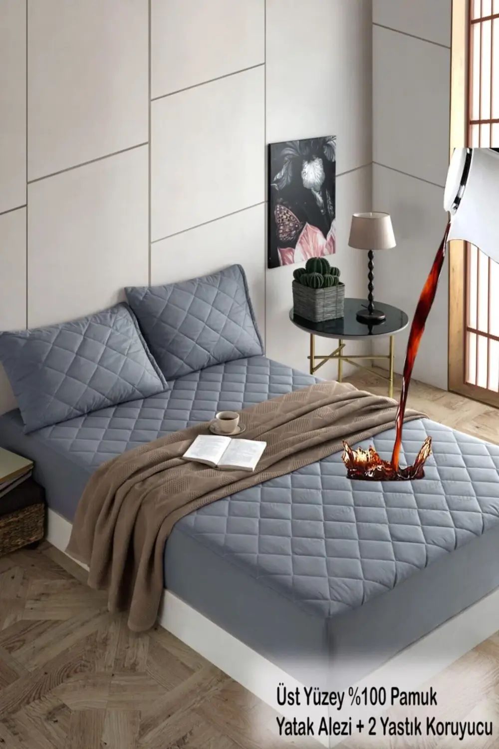 Pamukkale Alez Set Gri Kapitone Sıvı Geçirmez Yatak Koruyucu-2 Ad