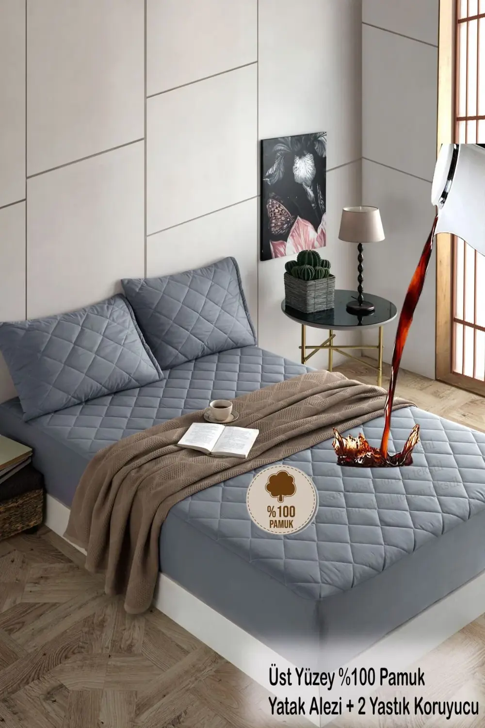 Pamukkale Alez Set Gri Kapitone Sıvı Geçirmez Yatak Koruyucu-2 Ad