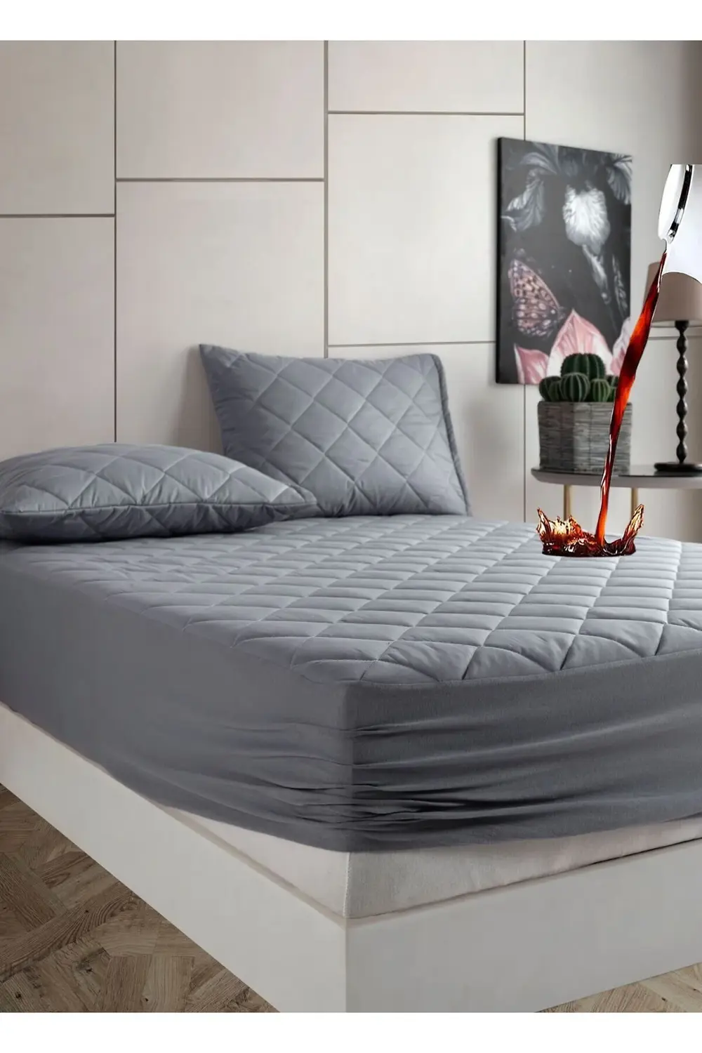 Pamukkale Alez Set Gri Kapitone Sıvı Geçirmez Yatak Koruyucu-2 Ad