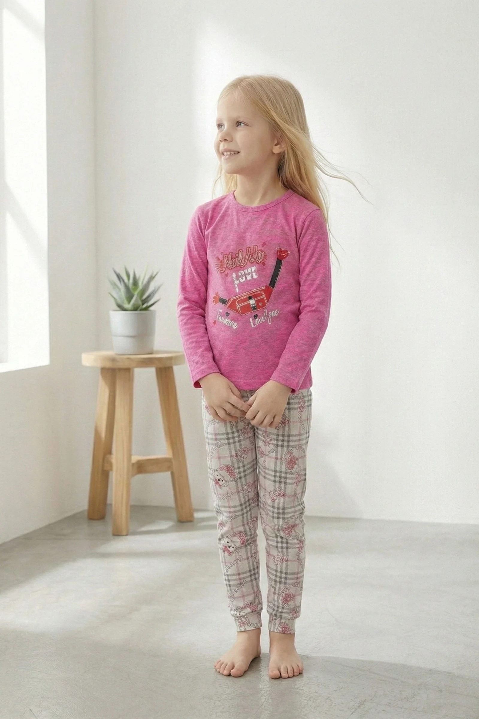 Pamuklu 2 iplik Şardonlu Desenli Pembe Kız Çocuk Pijama Takımı, Love, 7-8 Yaş