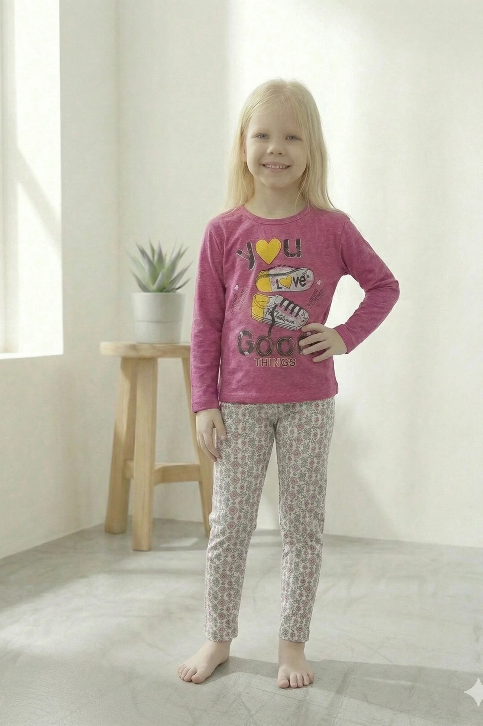 Pamuklu 2 iplik Şardonlu Desenli Pembe Kız Çocuk Pijama Takımı, Sport, 9-10 Yaş