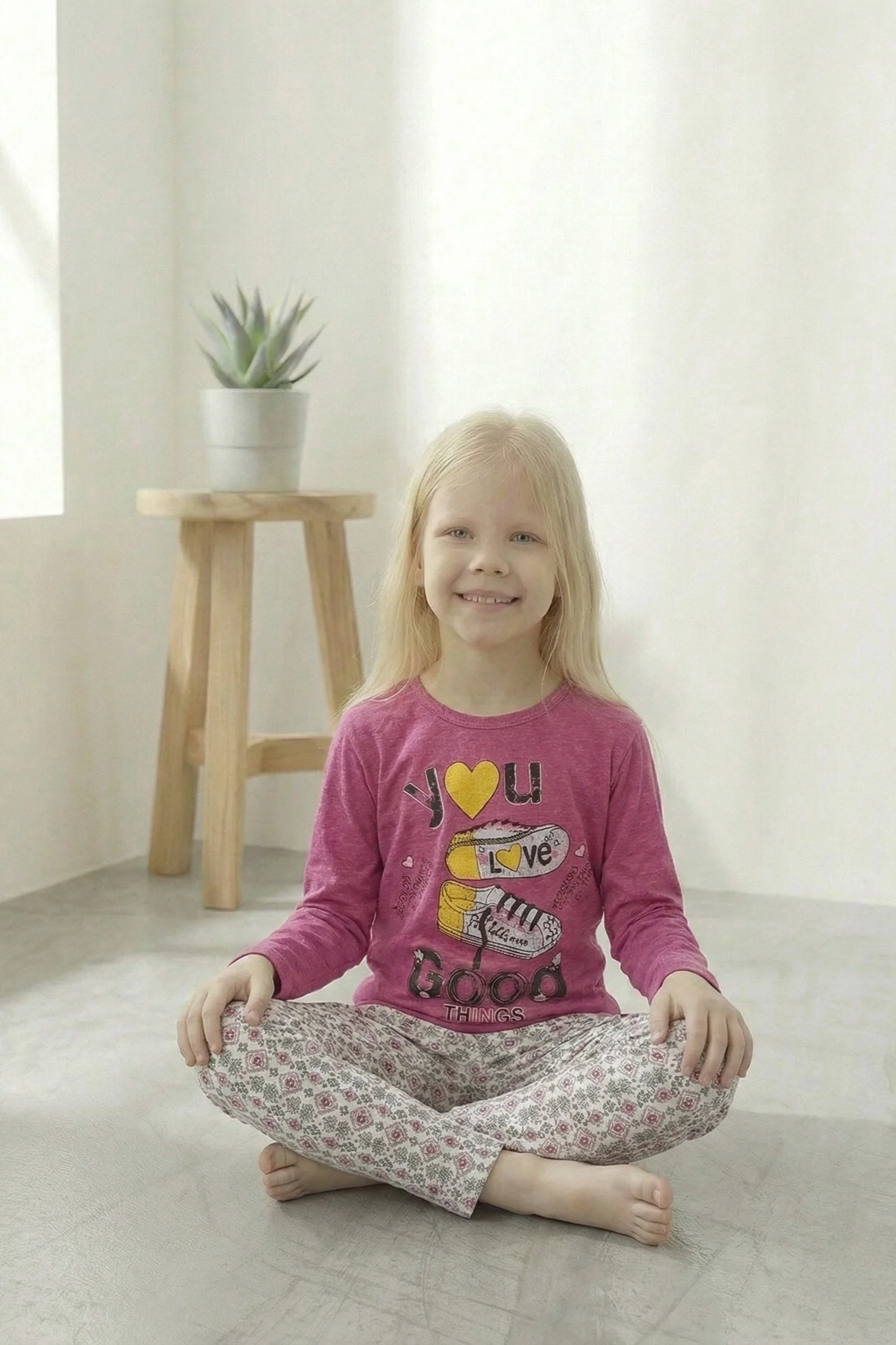 Pamuklu 2 iplik Şardonlu Desenli Pembe Kız Çocuk Pijama Takımı, Sport, 9-10 Yaş