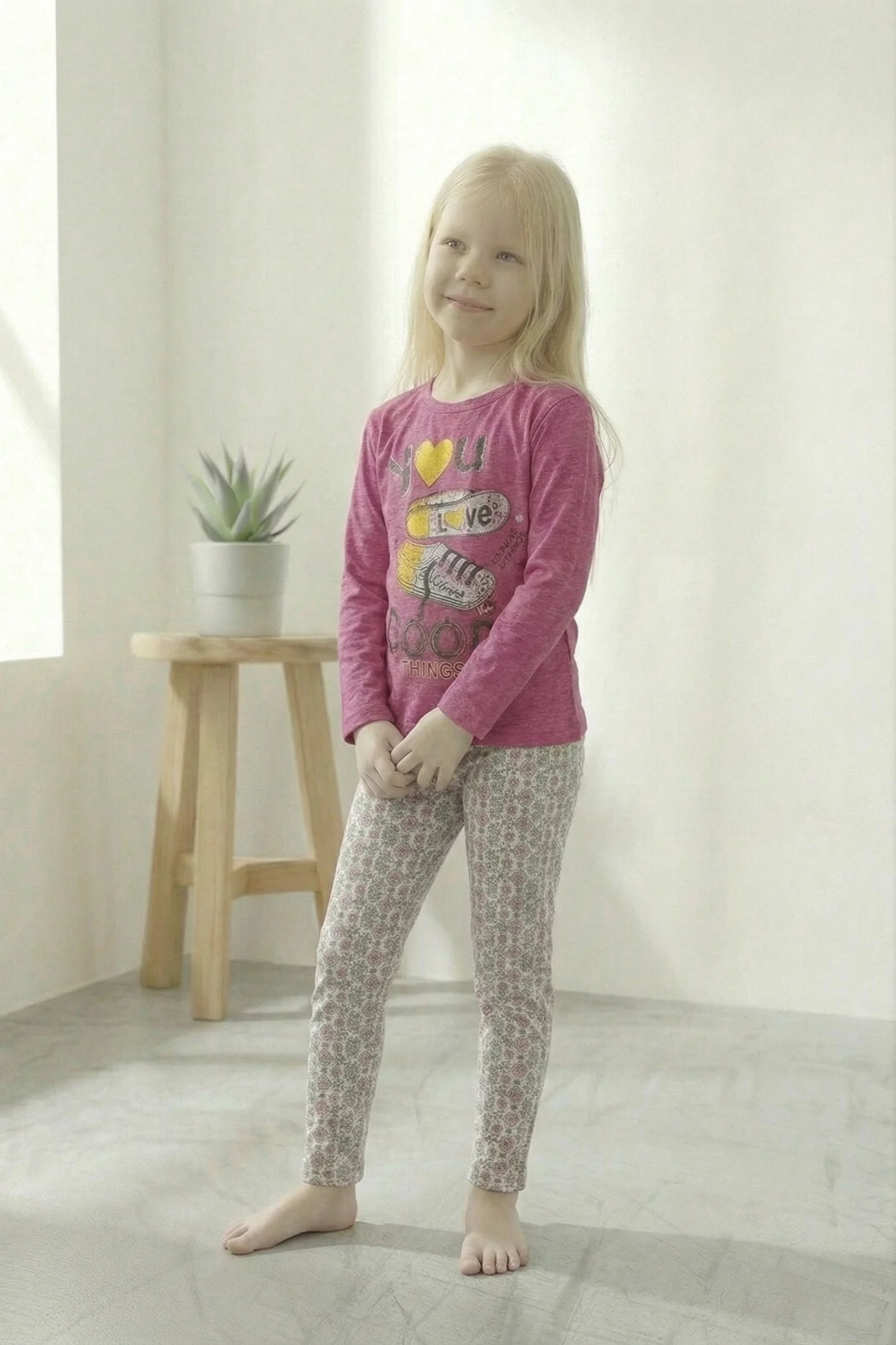 Pamuklu 2 iplik Şardonlu Desenli Pembe Kız Çocuk Pijama Takımı, Sport, 9-10 Yaş
