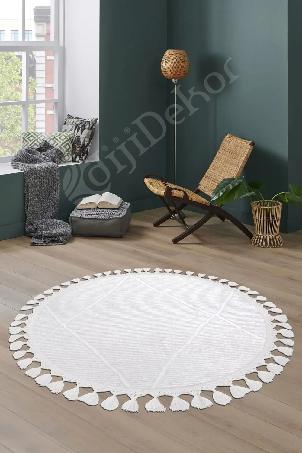 Pamuklu Beyaz Bohem Yuvarlak Saçaklı Banyo Halısı 80x80