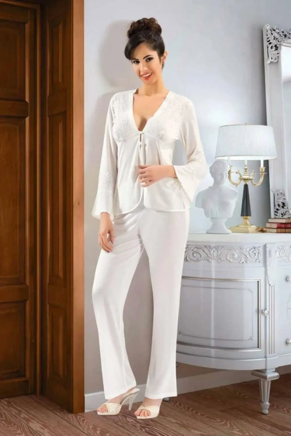 Pamuklu Dantelli Gecelik Sabahlık Takım 3004