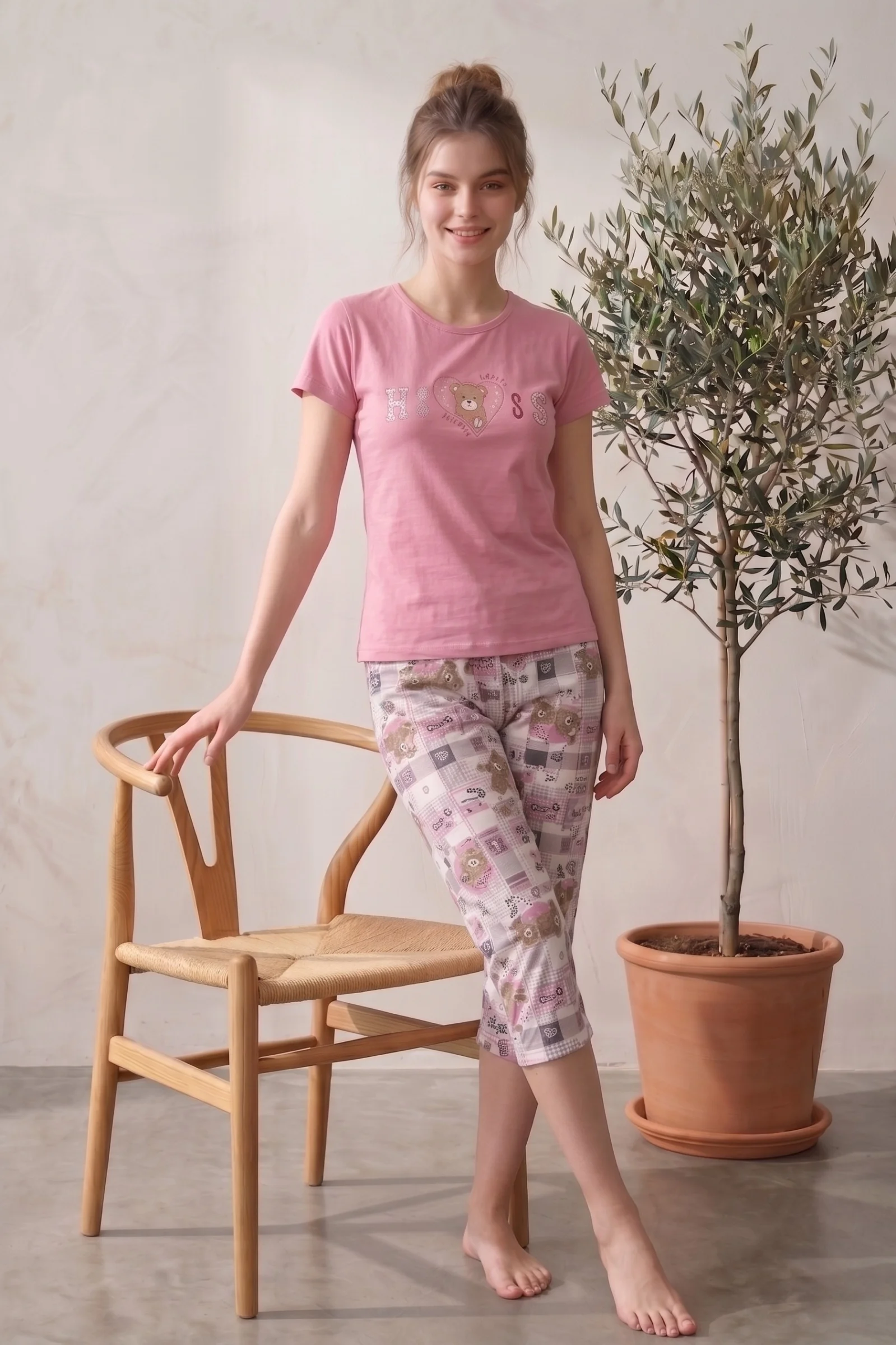 Pamuklu Desenli Kısa Kollu Bermuda Kapri Pijama Takımı, Pembe-Beyaz, 3XL Fiyatı, Yorumları ve Özellikleri