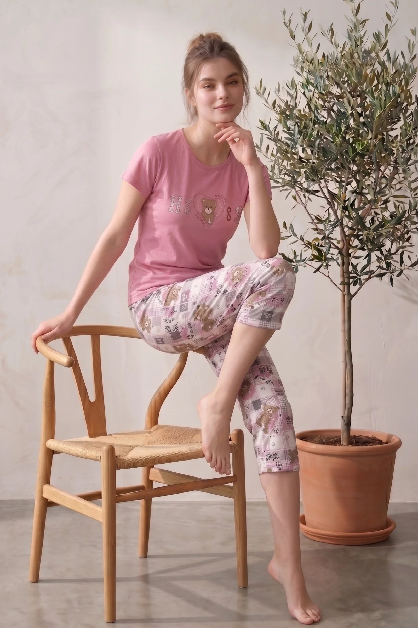 Pamuklu Desenli Kısa Kollu Bermuda Kapri Pijama Takımı, Pembe-Beyaz, 3XL Fiyatı, Yorumları ve Özellikleri