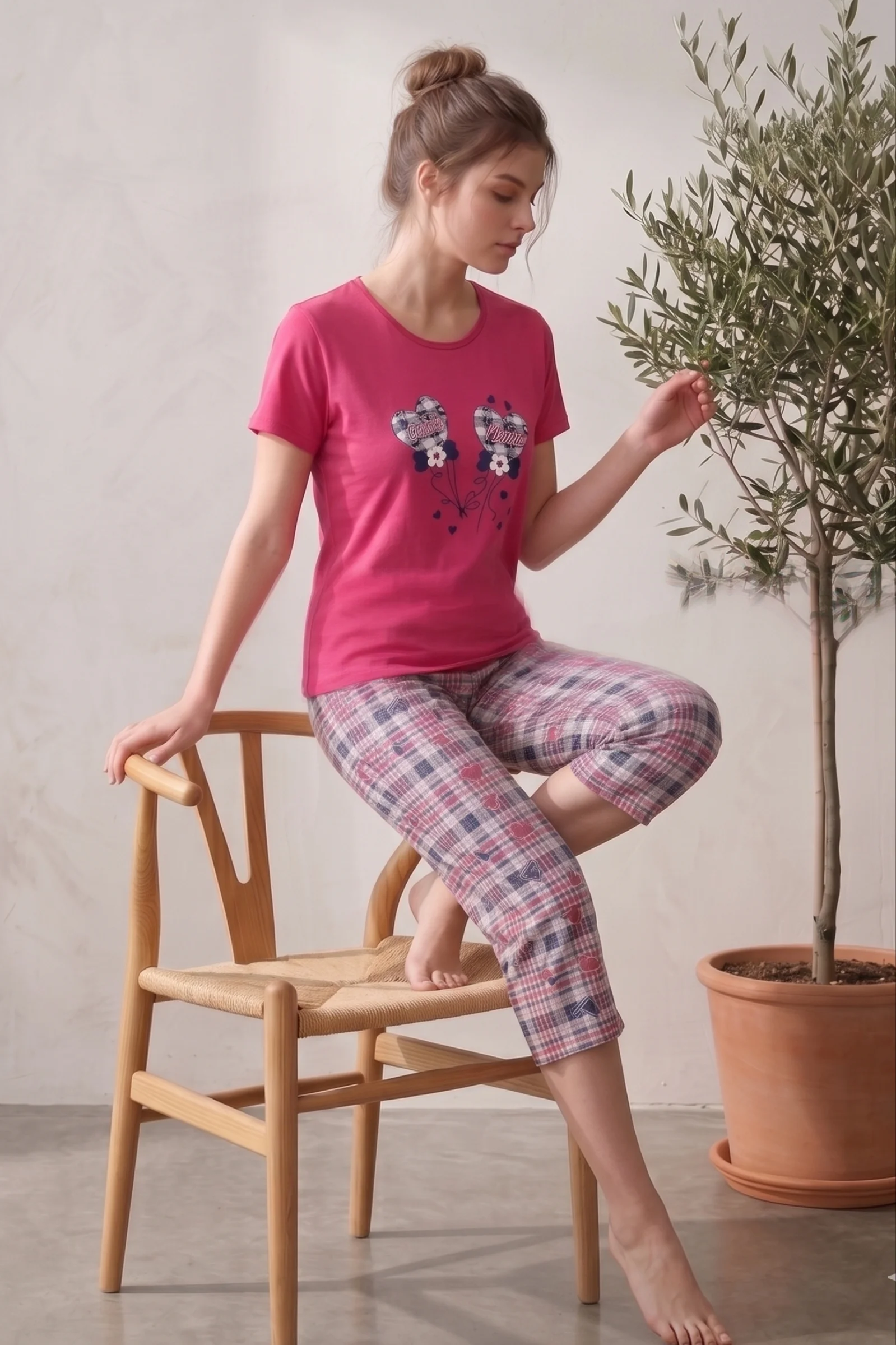 Pamuklu Desenli Kısa Kollu Bermuda Kapri Pijama Takımı, Fuşya-Lacivert, 2XL Fiyatı, Yorumları ve Özellikleri
