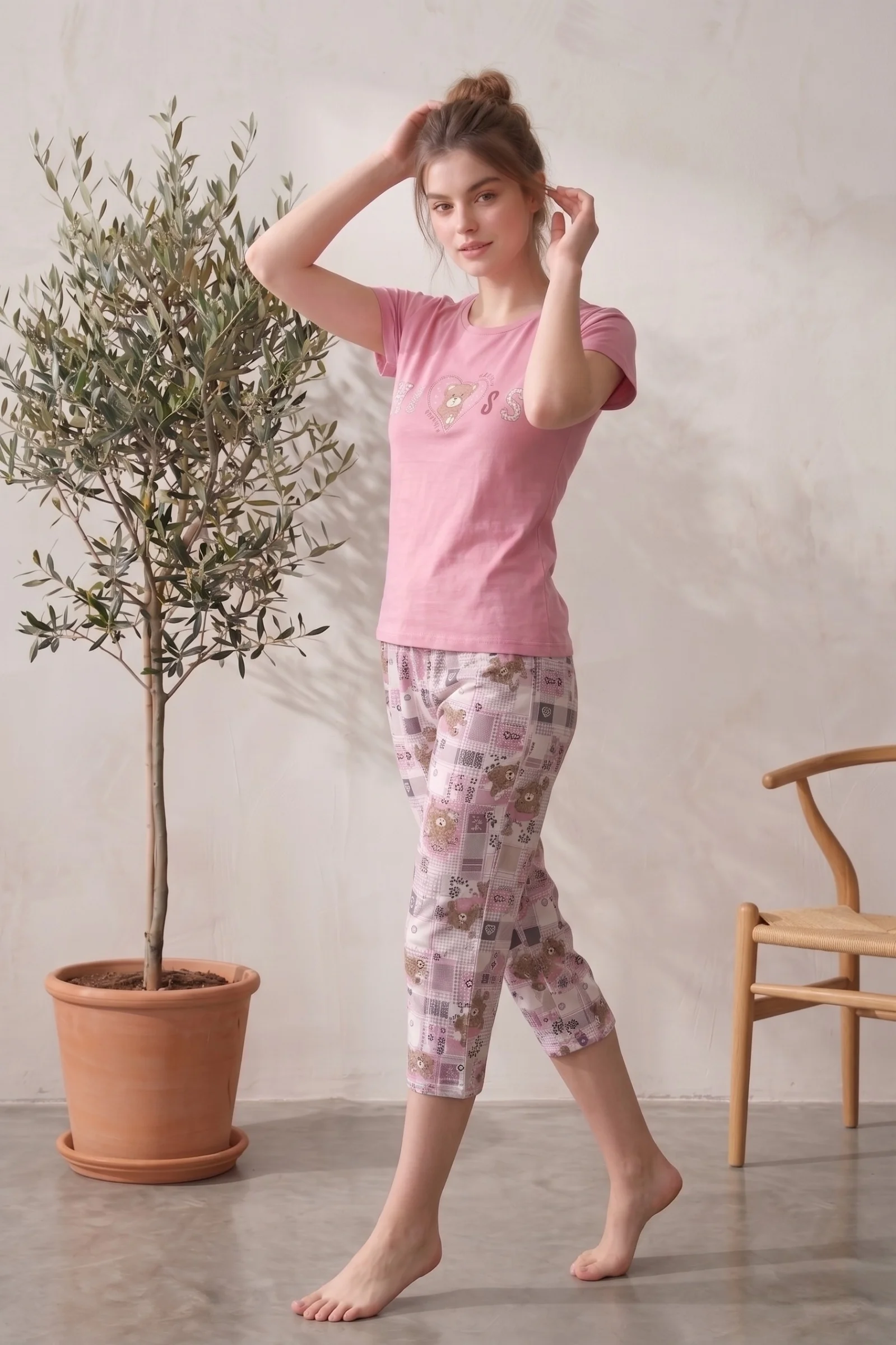 Pamuklu Desenli Kısa Kollu Bermuda Kapri Pijama Takımı, Pembe-Beyaz, 3XL Fiyatı, Yorumları ve Özellikleri