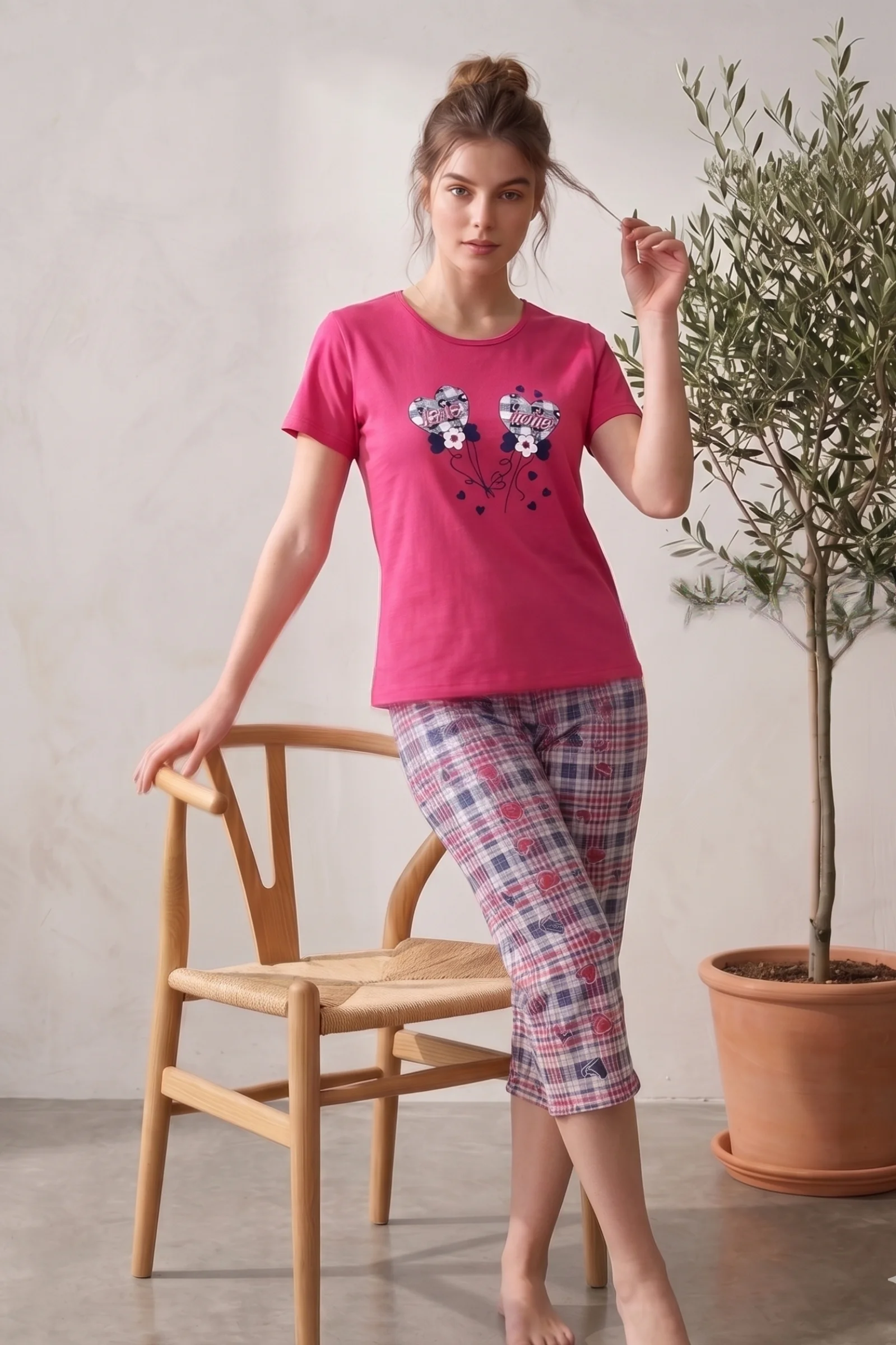 Pamuklu Desenli Kısa Kollu Bermuda Kapri Pijama Takımı, Fuşya-Lacivert, 3XL Fiyatı, Yorumları ve Özellikleri