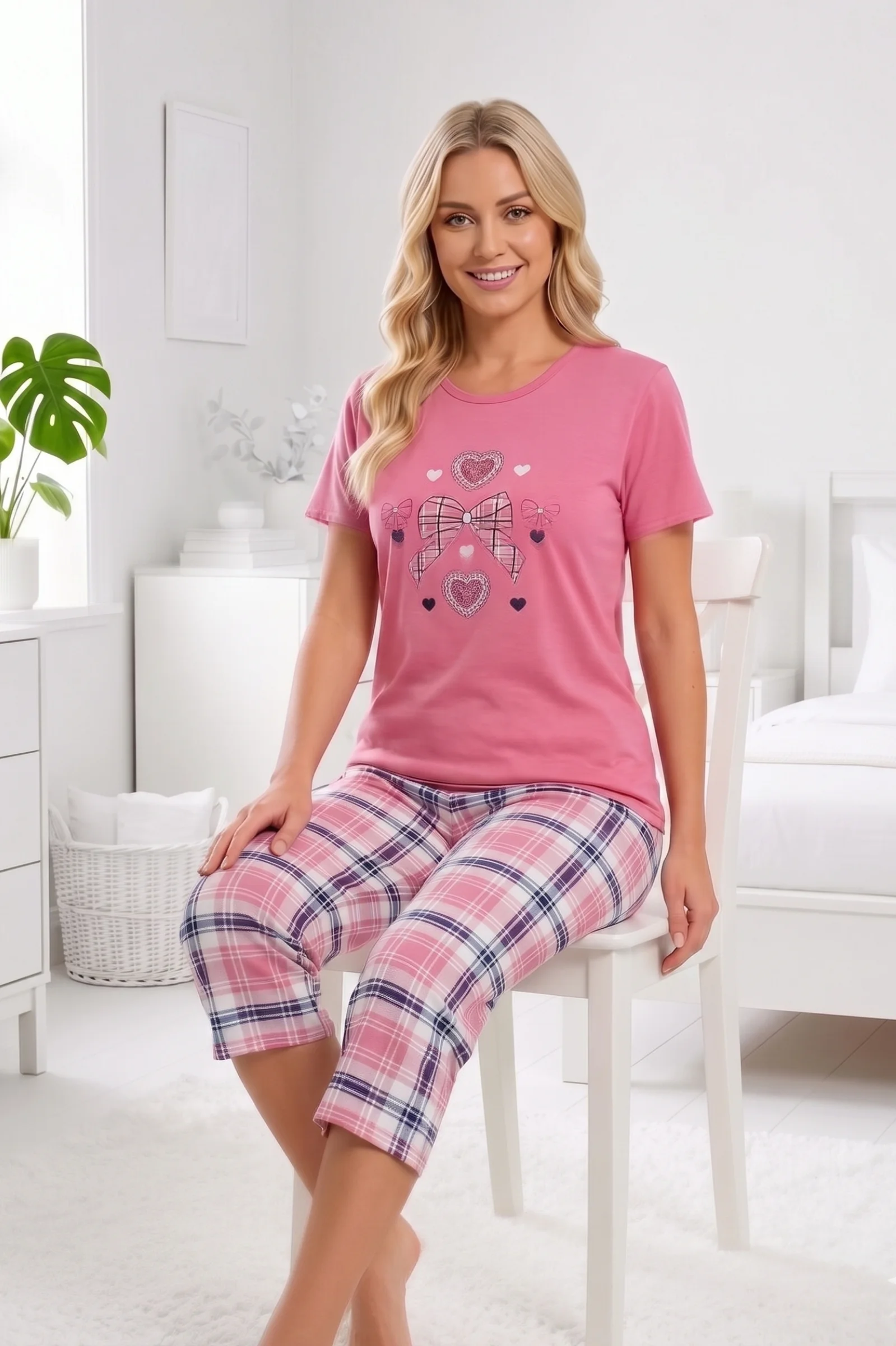 Pamuklu Desenli Kısa Kollu Bermuda Kapri Pijama Takımı, Somon, XL