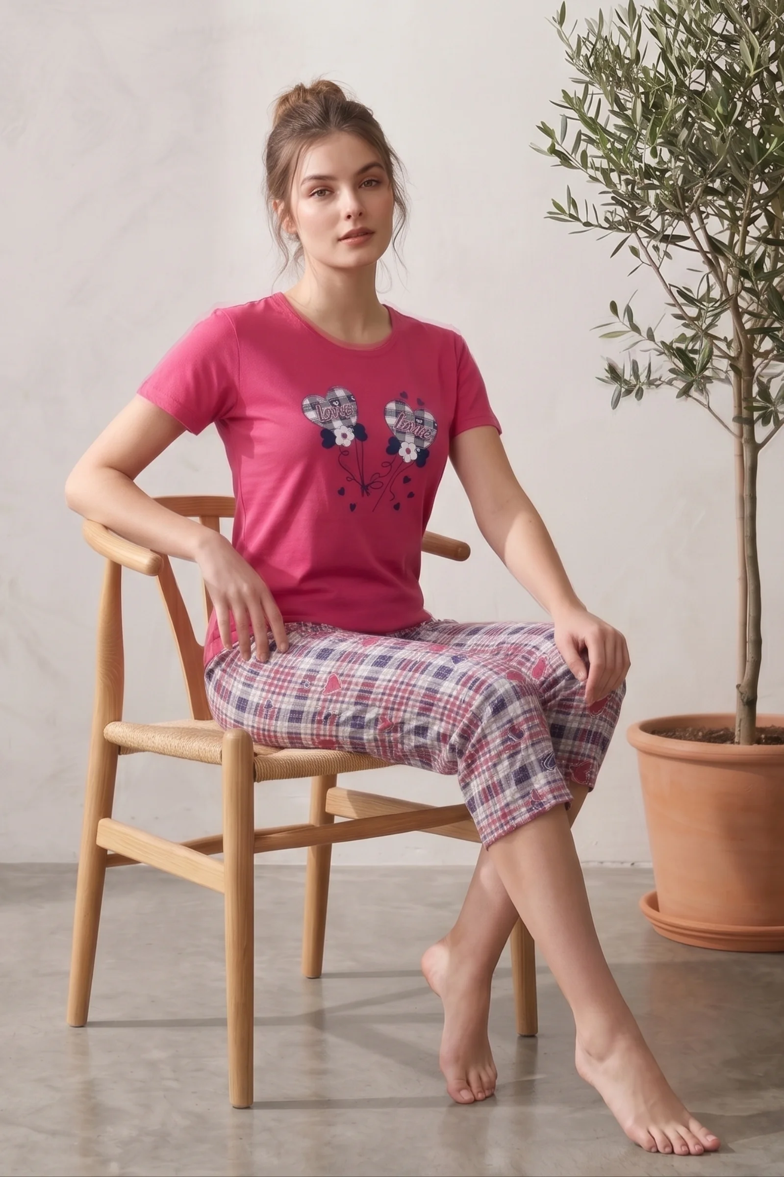 Pamuklu Desenli Kısa Kollu Bermuda Kapri Pijama Takımı, Fuşya-Lacivert, 3XL Fiyatı, Yorumları ve Özellikleri