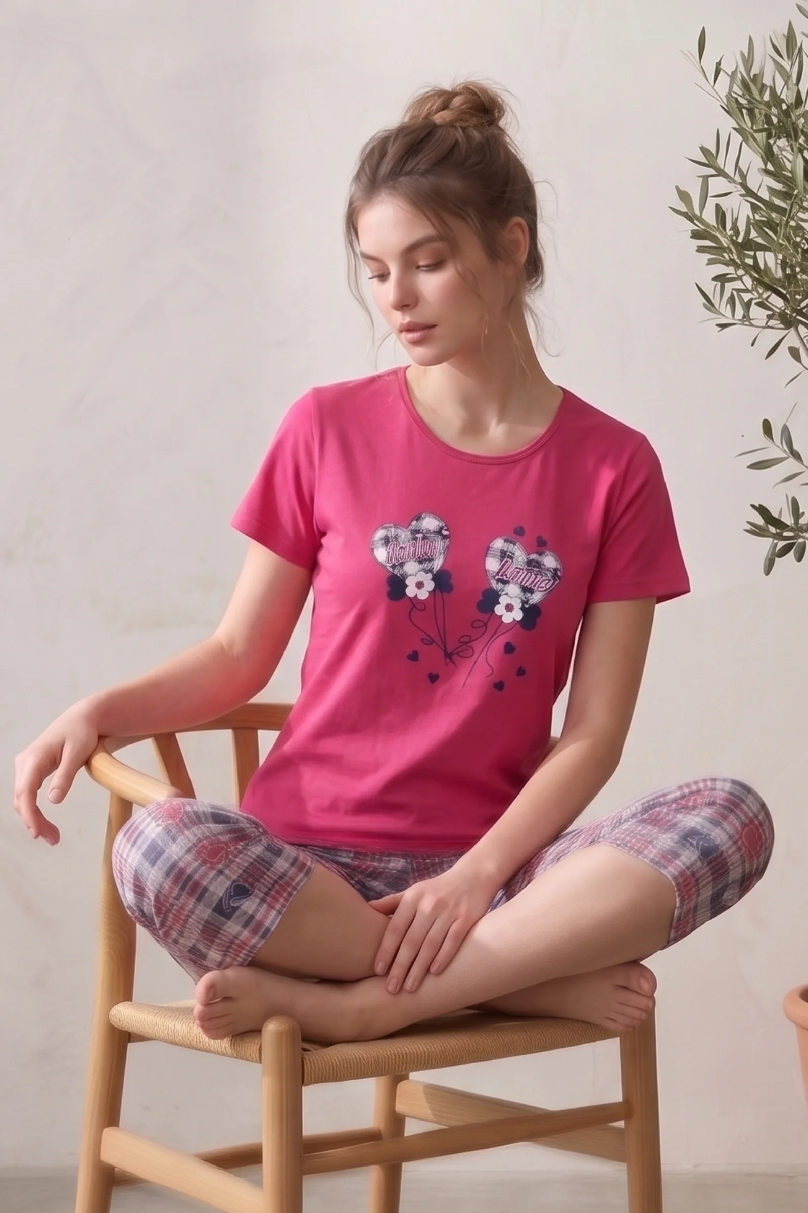Pamuklu Desenli Kısa Kollu Bermuda Kapri Pijama Takımı, Fuşya-Lacivert, 3XL Fiyatı, Yorumları ve Özellikleri