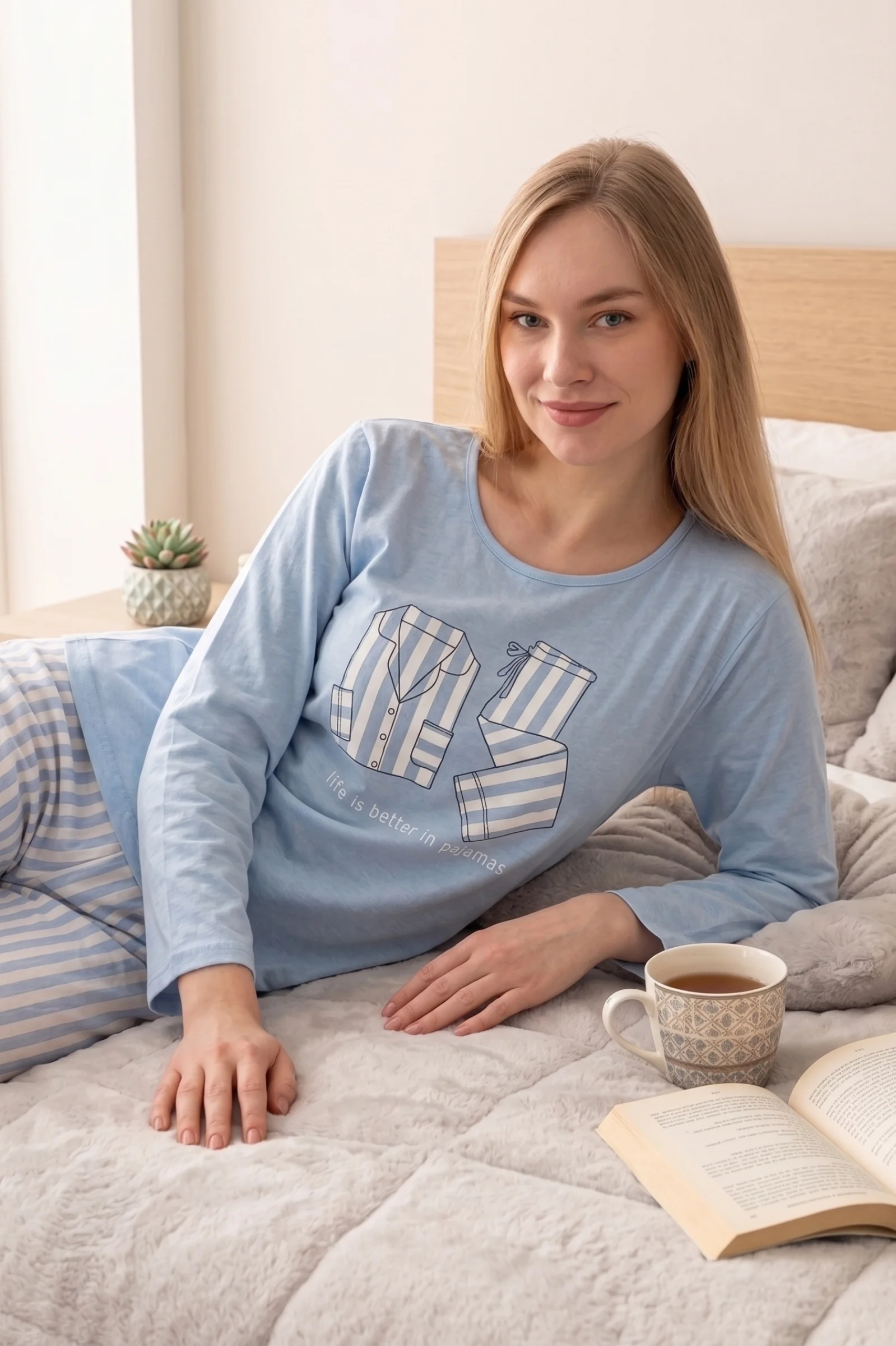 Pamuklu Desenli Uzun Kollu Kadın Pijama Takımı, Mavi, M Fiyatı, Yorumları ve Özellikleri