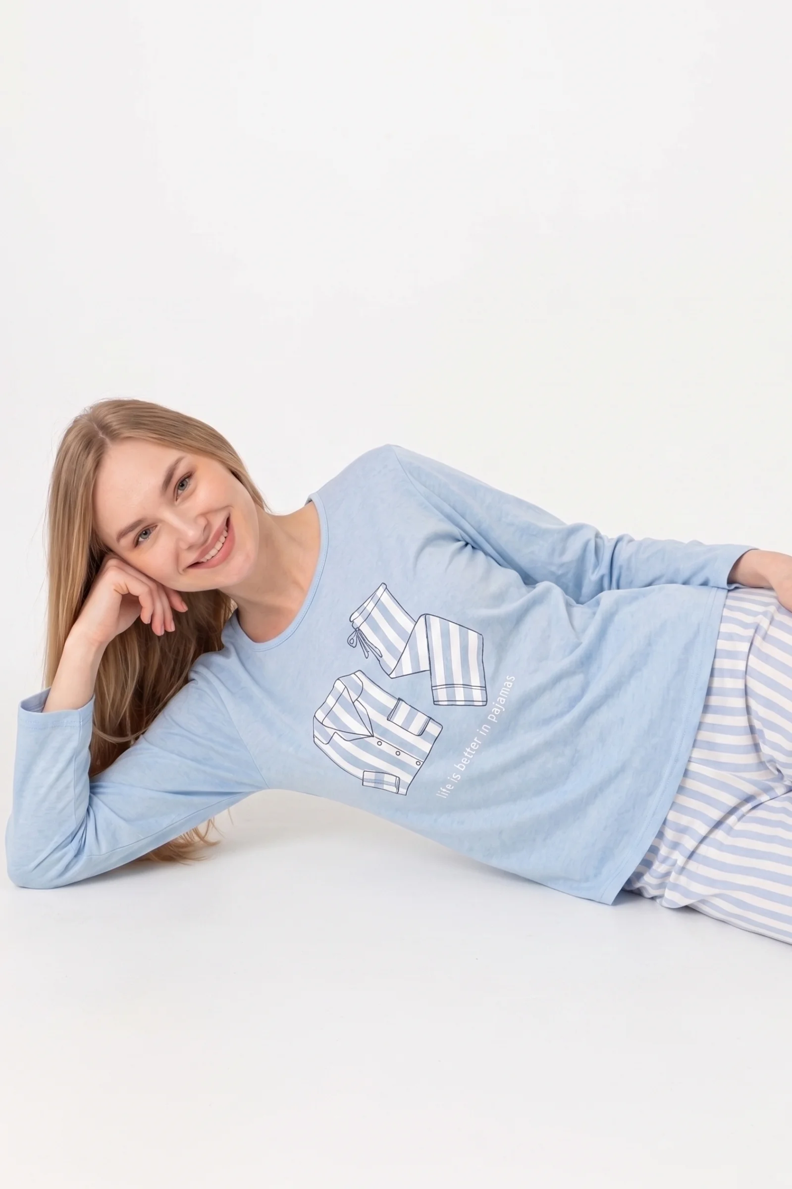 Pamuklu Desenli Uzun Kollu Kadın Pijama Takımı, Mavi, M Fiyatı, Yorumları ve Özellikleri