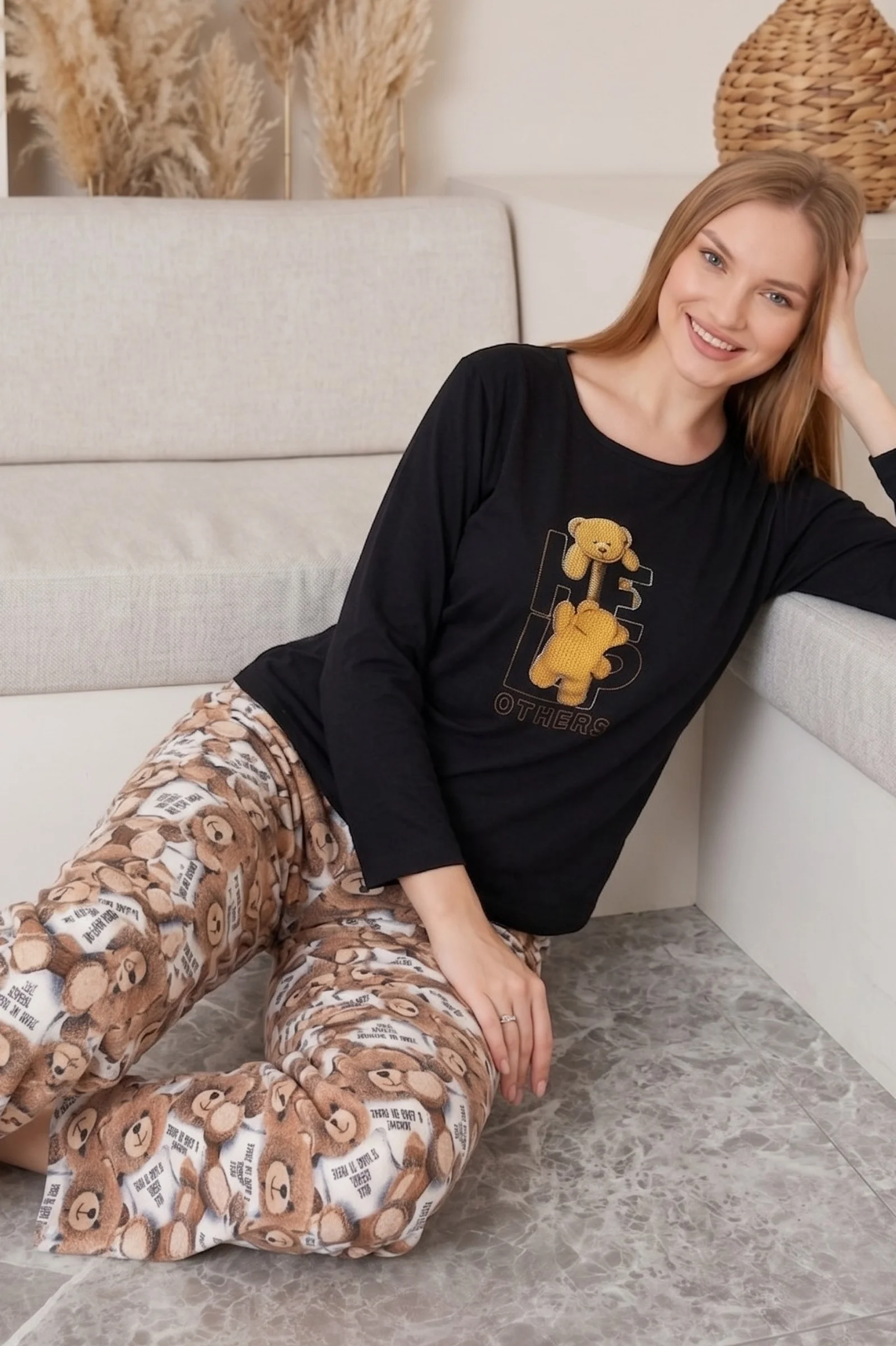 Pamuklu Desenli Uzun Kollu Kadın Pijama Takımı, Siyah, XL