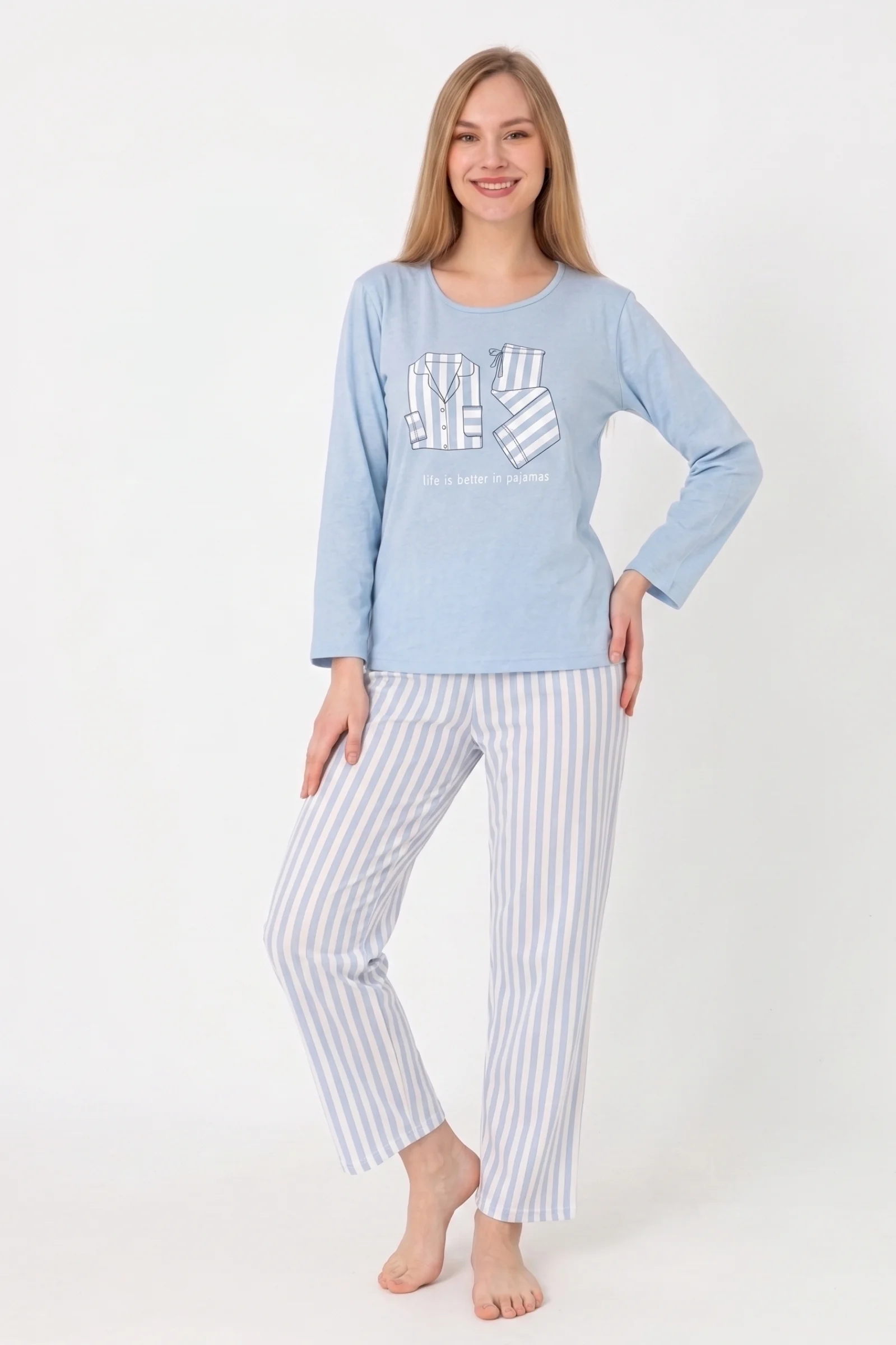 Pamuklu Desenli Uzun Kollu Kadın Pijama Takımı, Mavi, M Fiyatı, Yorumları ve Özellikleri