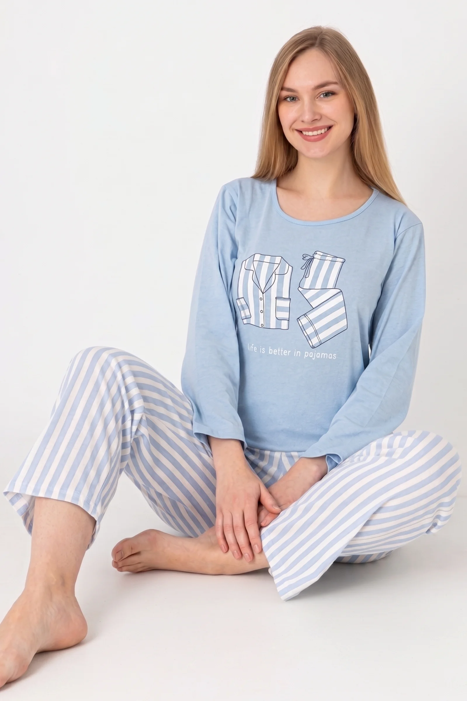 Pamuklu Desenli Uzun Kollu Kadın Pijama Takımı, Mavi, M Fiyatı, Yorumları ve Özellikleri
