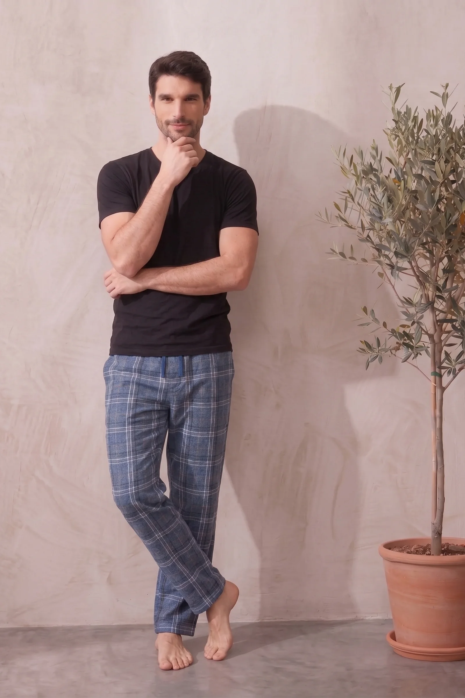Pamuklu Ekose Kareli Yazlık Erkek Pijama Altı Pantolon, İndigo, 2XL