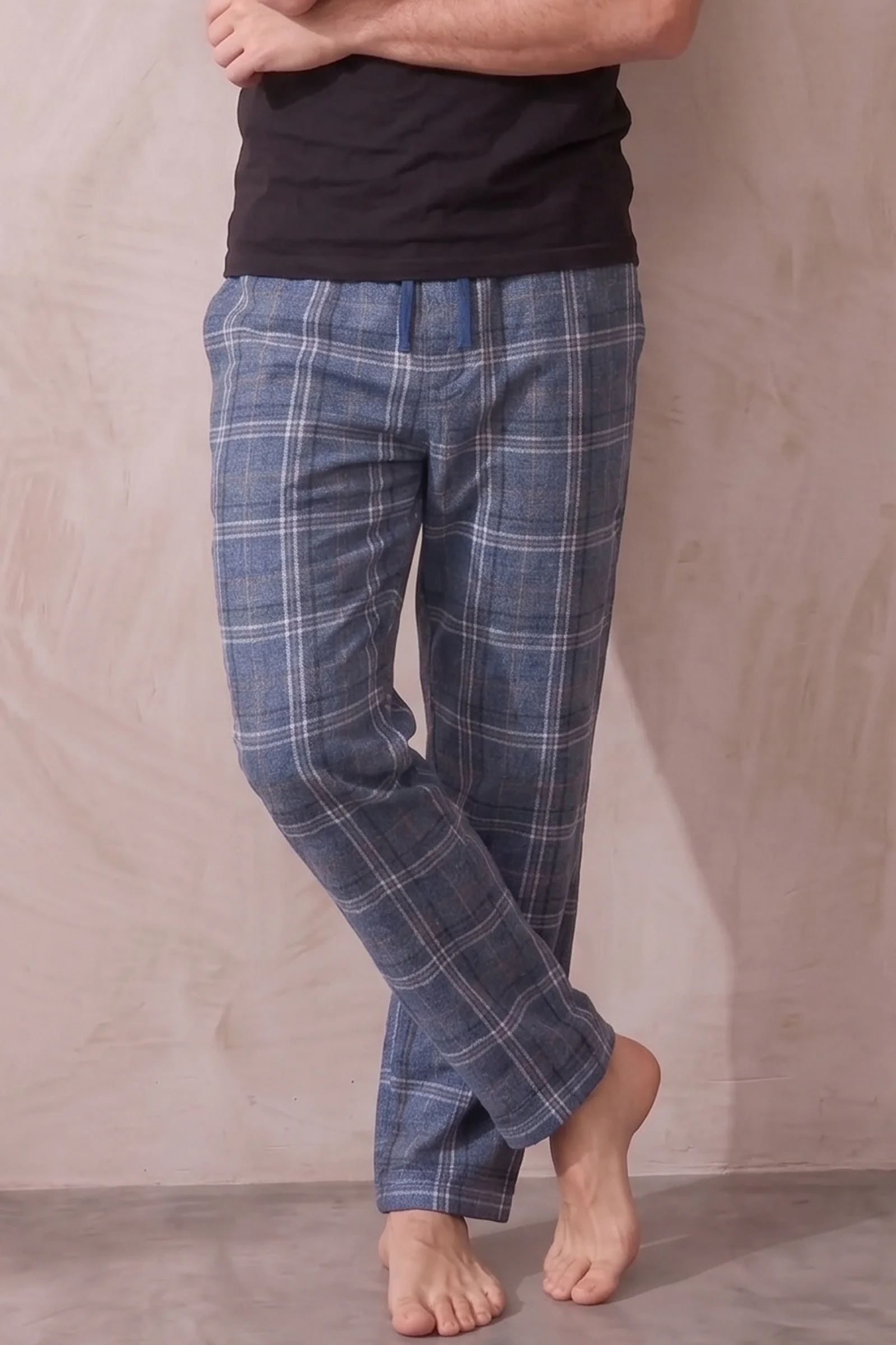 Pamuklu Ekose Kareli Yazlık Erkek Pijama Altı Pantolon, İndigo, 2XL