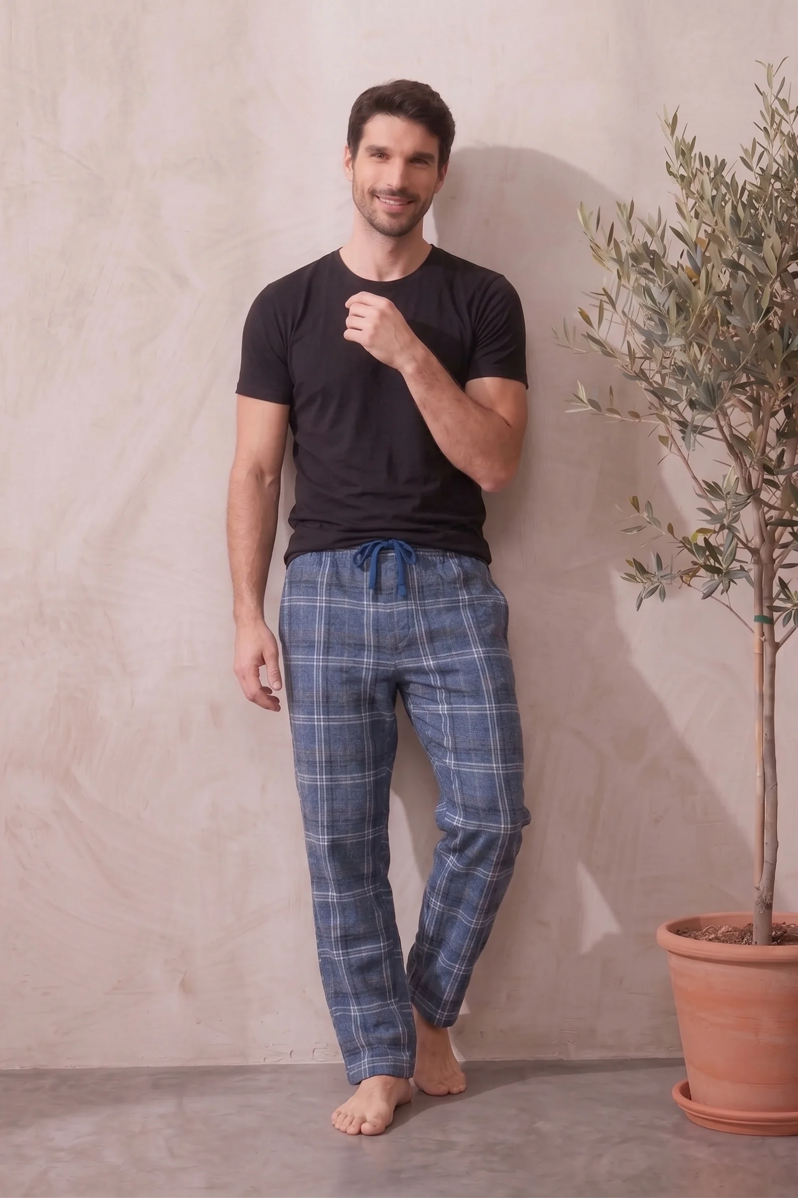 Pamuklu Ekose Kareli Yazlık Erkek Pijama Altı Pantolon, İndigo, 2XL