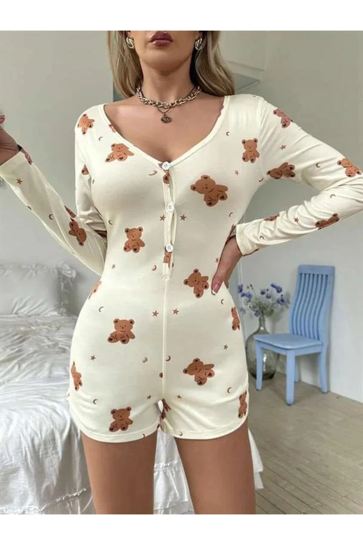 Pamuklu Ekru Ayıcık Desenli Düğmeli Tulum Pijama Fiyatı, Yorumları ve Özellikleri