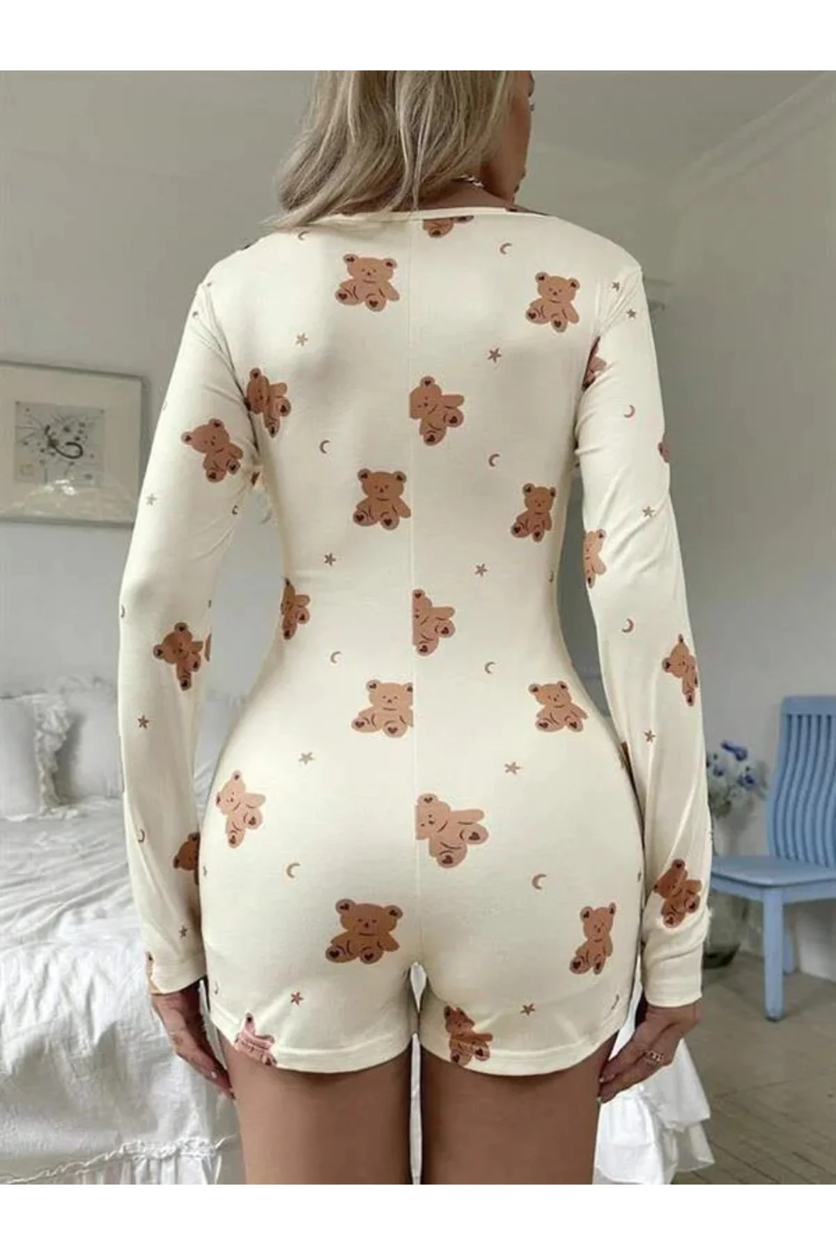 Pamuklu Ekru Ayıcık Desenli Düğmeli Tulum Pijama Fiyatı, Yorumları ve Özellikleri