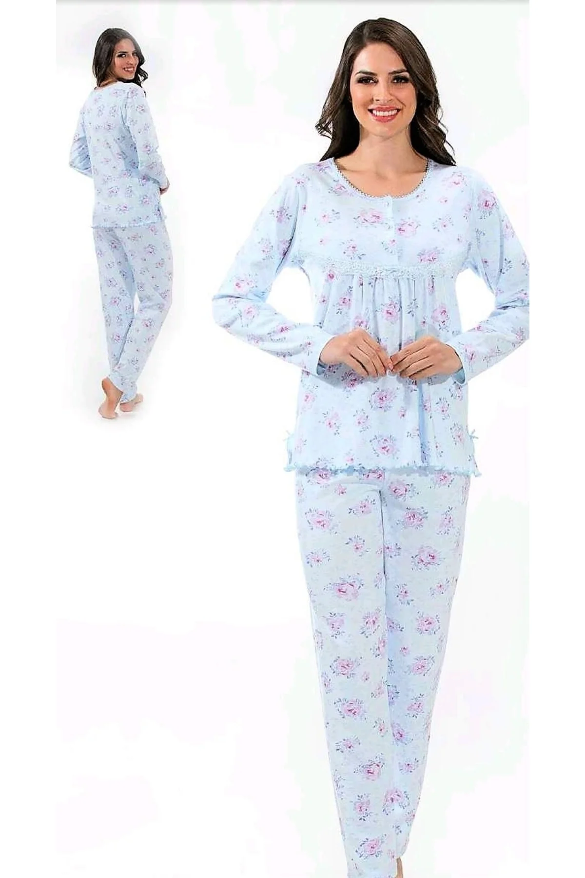 Pamuklu Kadın Pijama Takımı Çiçekli Pamuklu Kadın Pijama Takımı Çiçekli