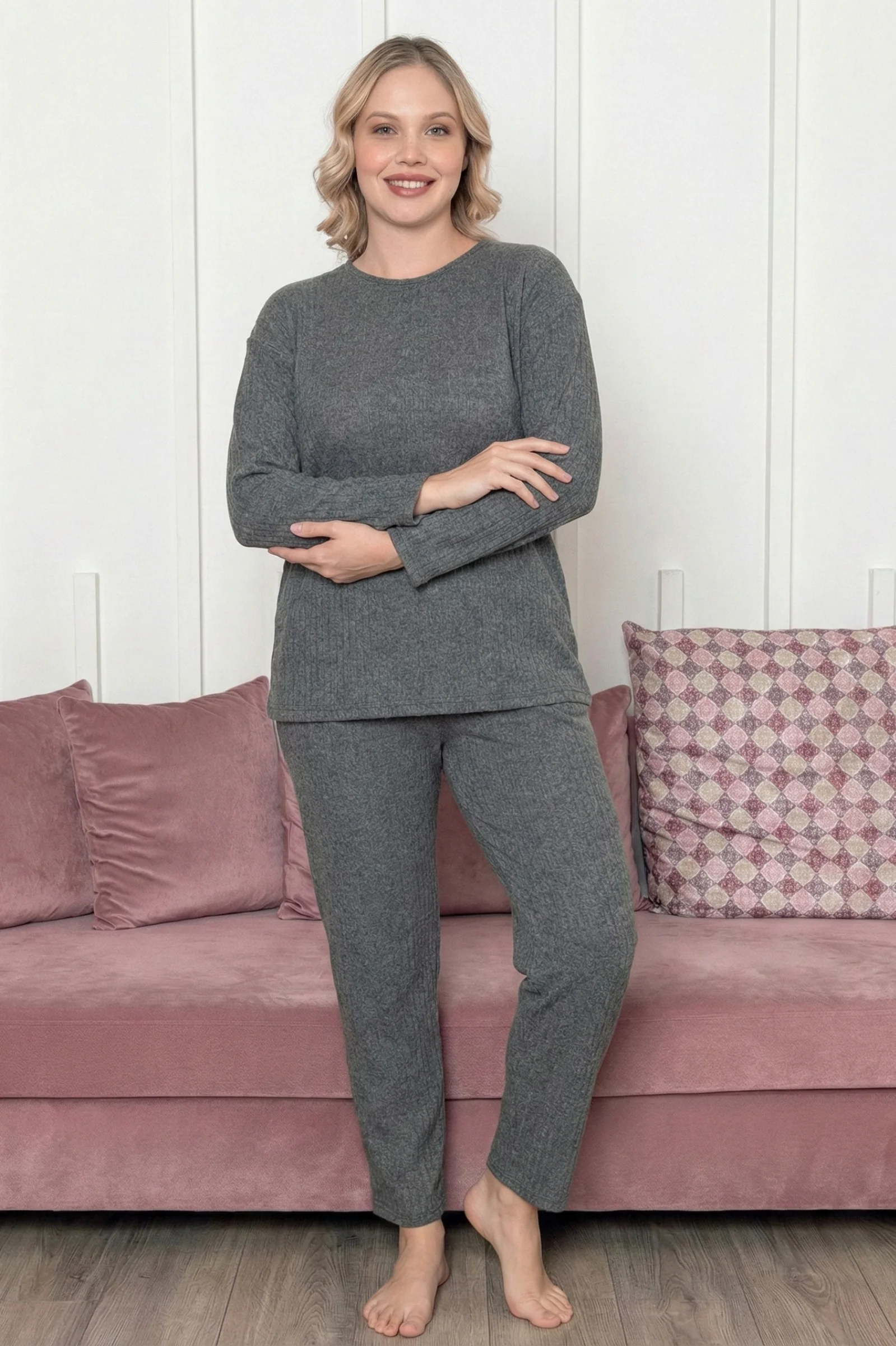 Pamuklu Kalın Kışlık İnterlok Şeritli Uzun Kollu Örme Pijama Takımı, Antrasit, XL Fiyatı, Yorumları ve Özellikleri