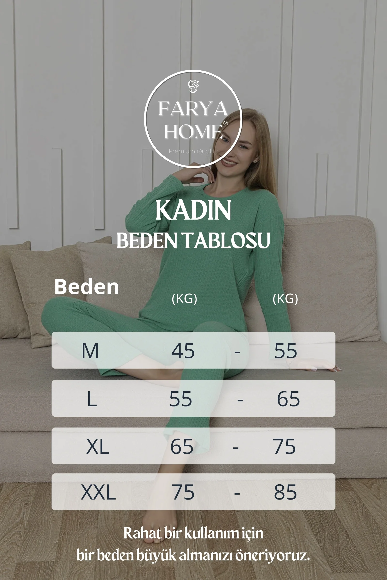 Pamuklu Kalın Kışlık İnterlok Şeritli Uzun Kollu Örme Pijama Takımı, Su Yeşili, M